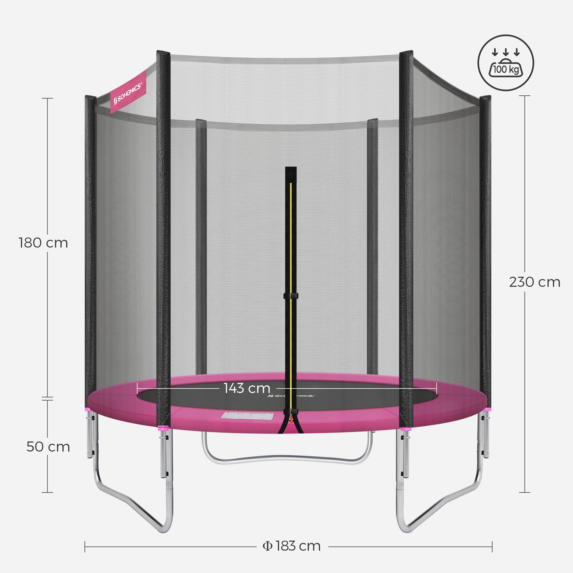 SONGMICS Gartentrampolin Trampolin Outdoor, Ø 183 cm, bis 100 kg belastbar, für Garten, mit Sicherheitsnetz, Sicherheitsabdeckung, schwarz-rosa