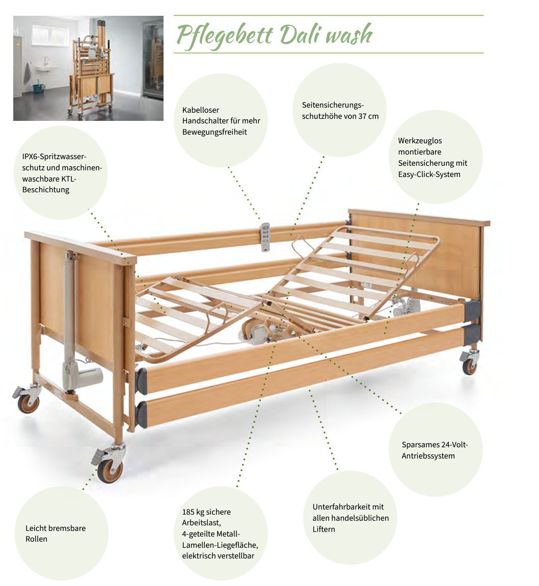 Burmeier Bett Pflegebett Dali wash Seniorenbett (Aufrichter, Seitenschutz und Lattenrost inklusive, elektrisch verstellbar, Kabellose Bluetooth-Steuerung), Hoher Hygienestandard, Elektrisch verstellbare Liegefläche