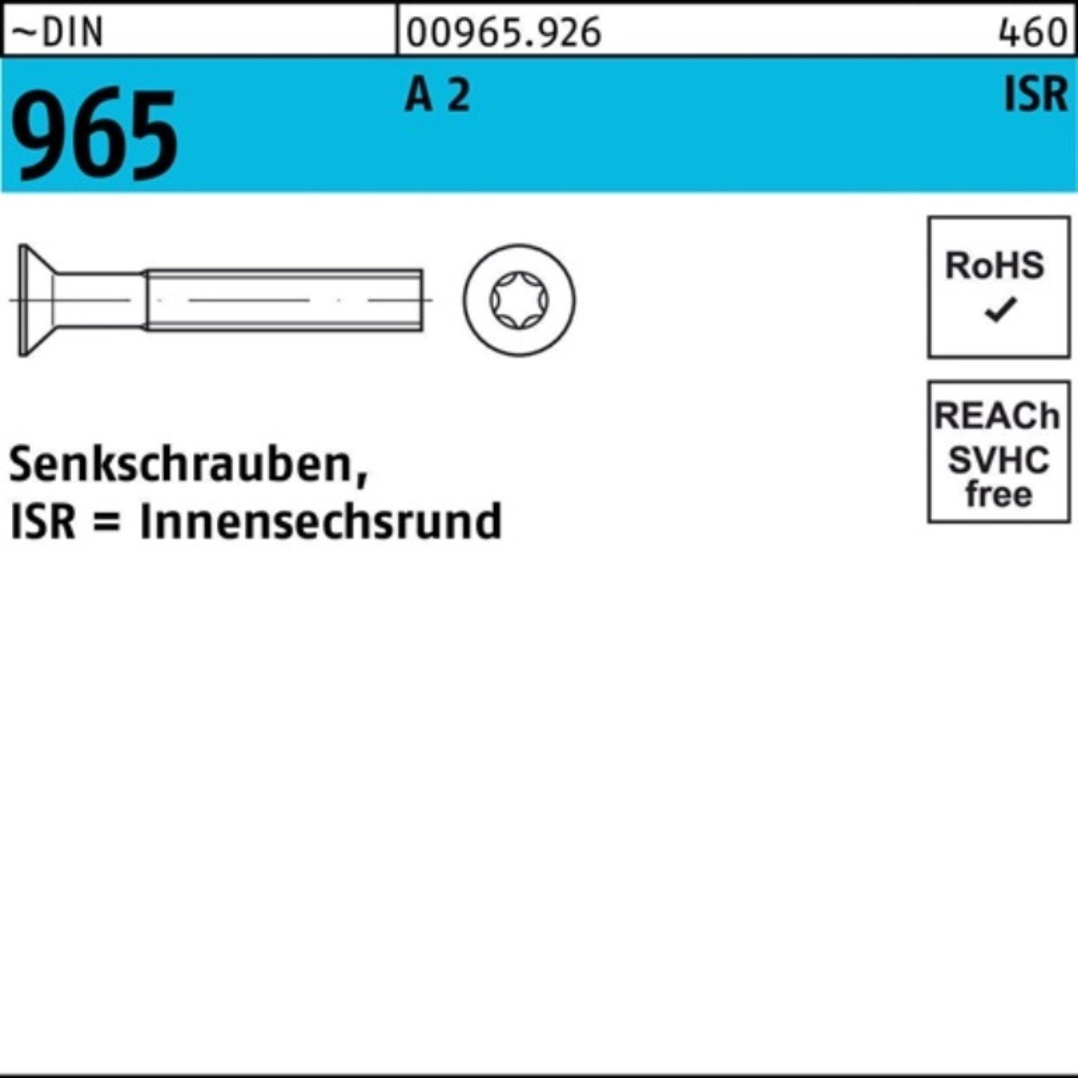 Reyher Senkschraube 200er Pack Senkschraube DIN 965 ISR M6x 50-T30 A 2 200 Stück ~DIN 965