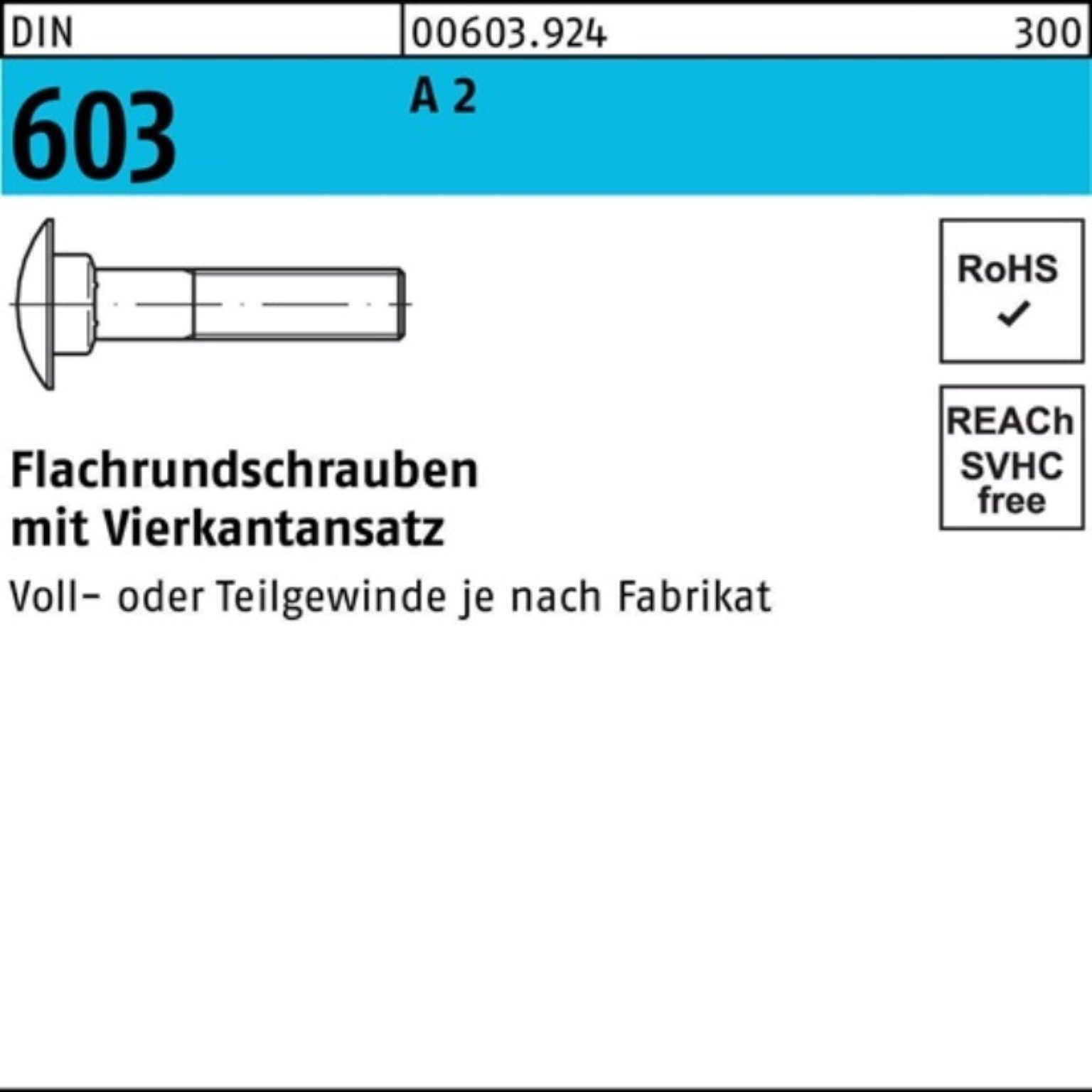 Reyher Schraube 100er Pack Flachrundschraube DIN 603 Vierkantansatz M6x 80 A 2 100 St