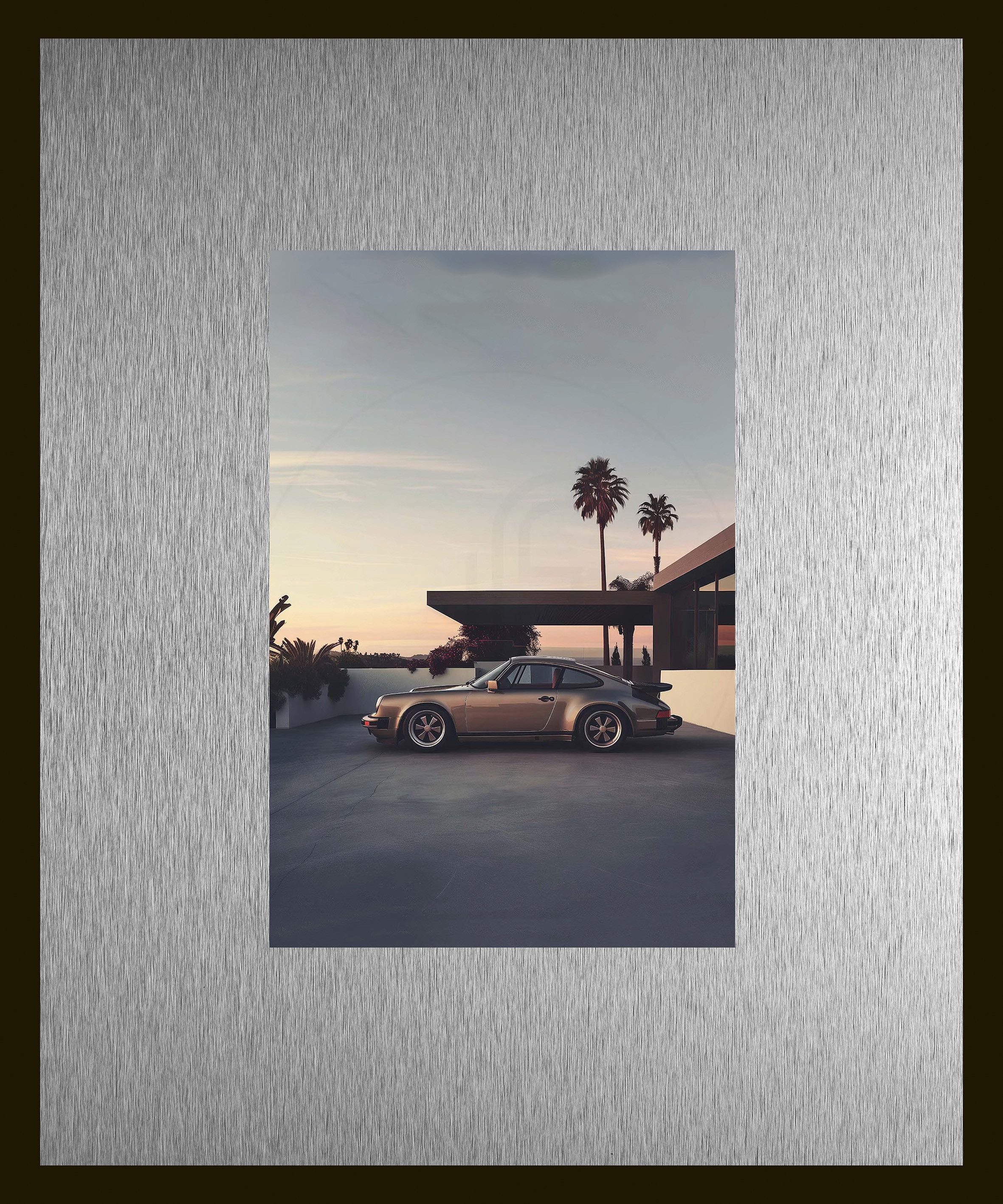 queence Bild Trend Wandbild, Wandkunst, Kunstdruck "Rennwagen in Palm Springs", Amerika, Auto, Fashion (1 St), inkl. Passepartout aus hochwertigem Aluminium und schwarzem Rahmen
