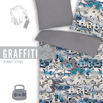 Bettwäsche Graffiti 100 % Baumwolle, MTOnlinehandel, Renforcé, 2 teilig, moderne Bettwäsche in zwei Größen für Kinder und Teenager