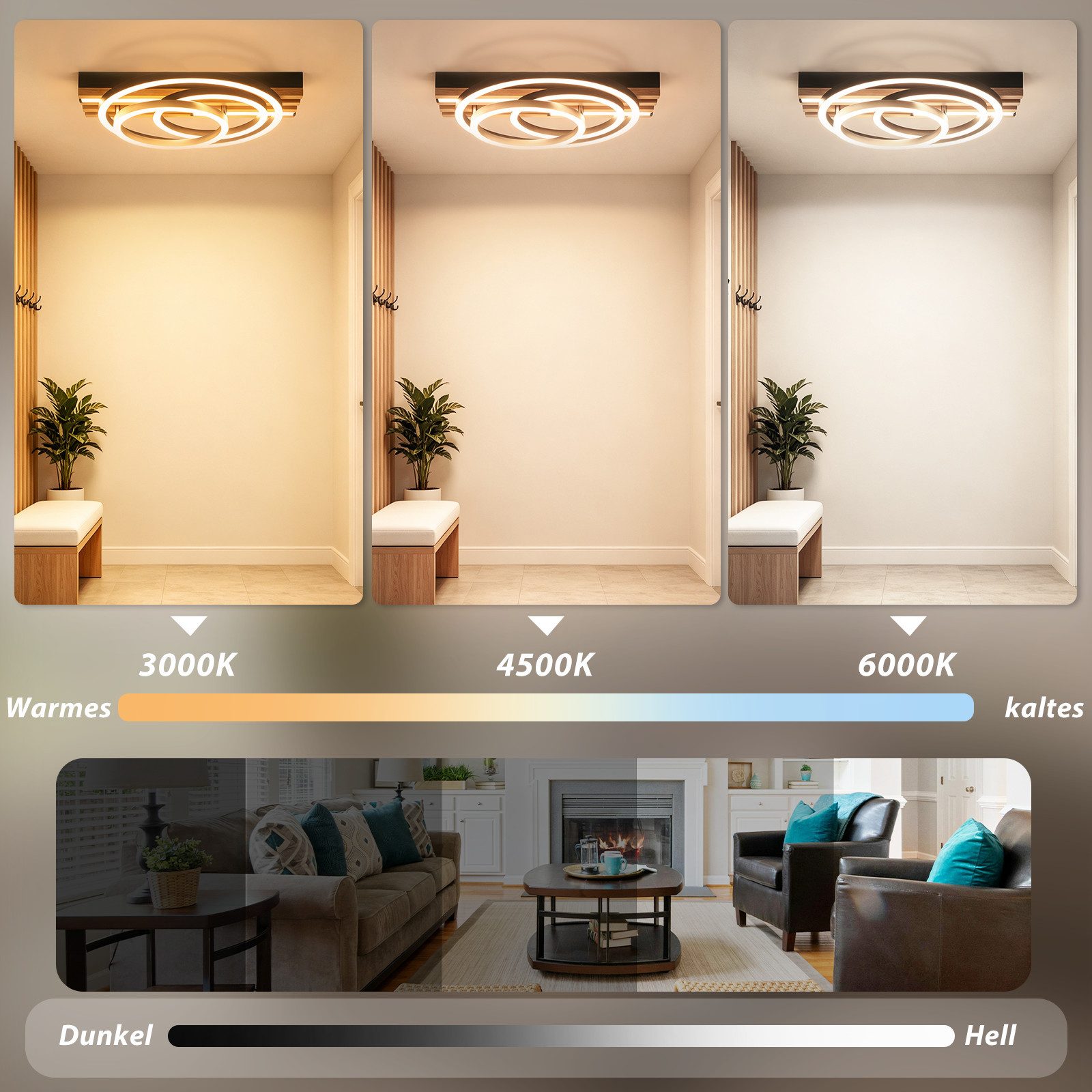 Nettlife LED Deckenleuchte Dimmbar Holz 2/3/4 Ringe Modern Deckenlampe Wohnzimmer, LED fest integriert, 44W 38*32*8.8CM für Schlafzimmer Büro Küche – Bild 2 von 5