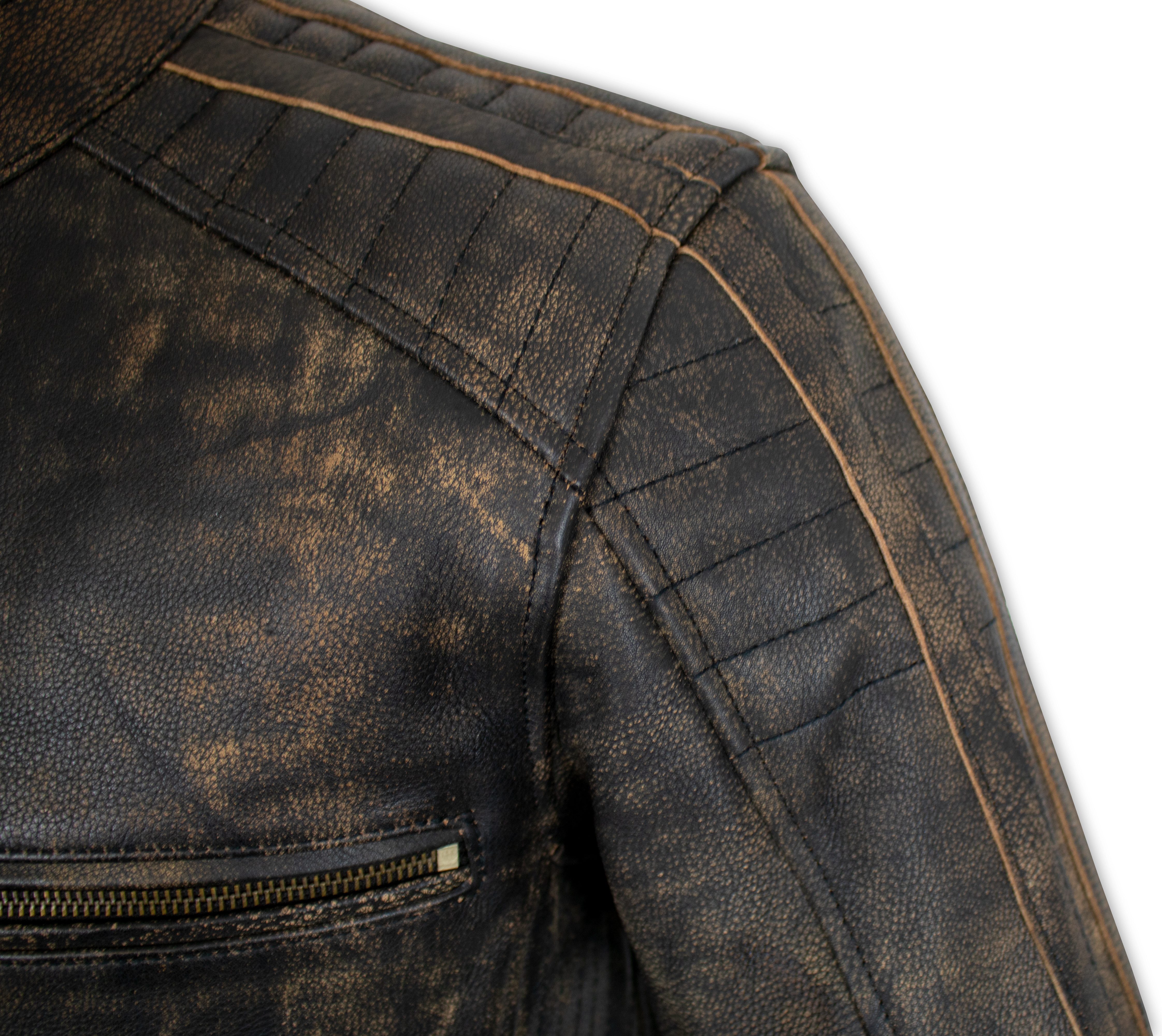 MDM Motorradjacke Herren Motorrad Jacke Vintage Lederjacke mit Protektoren Im Used Look bearbeitet, aus echtem Rindsleder