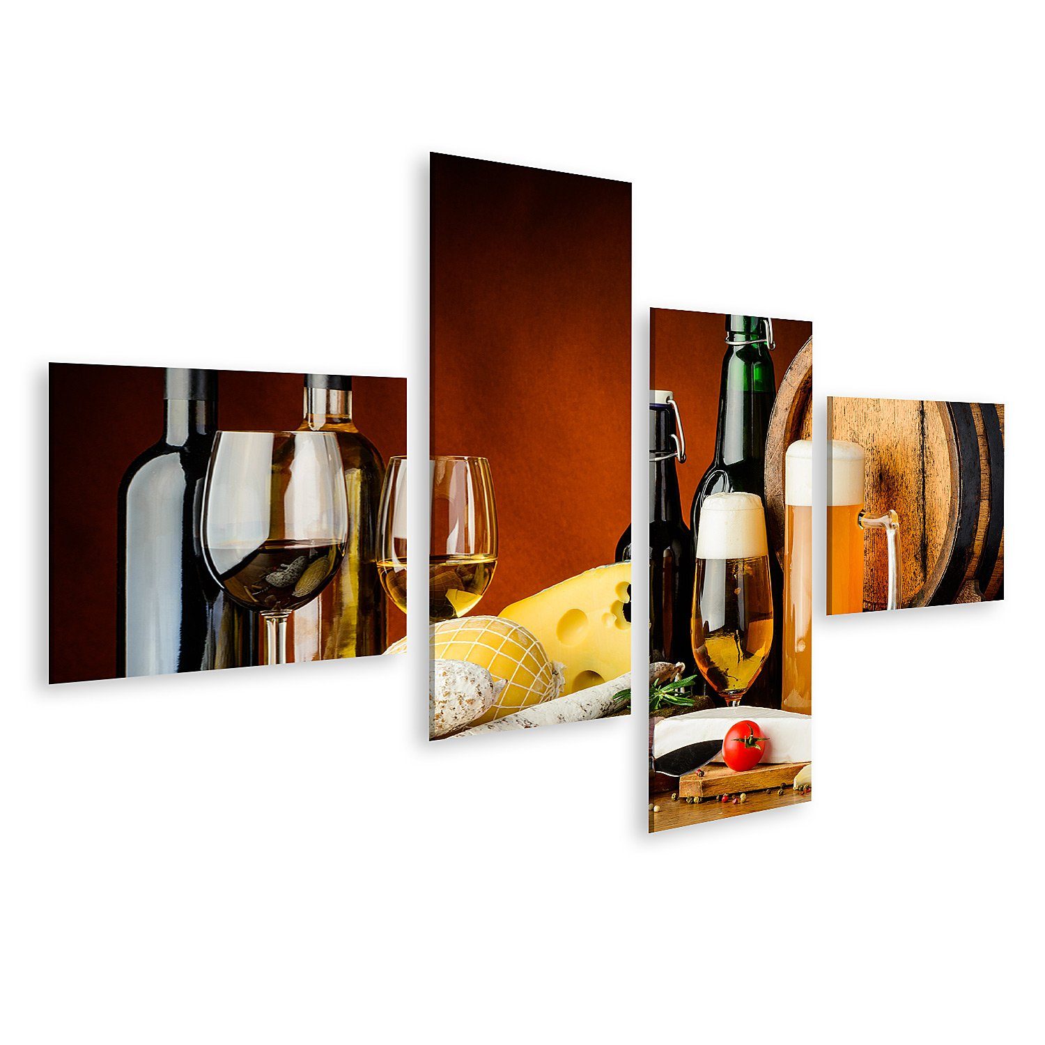 Leinwandbild Bild auf Leinwand Wein Bier Essen Stillleben Traditionelle Käsewürstch