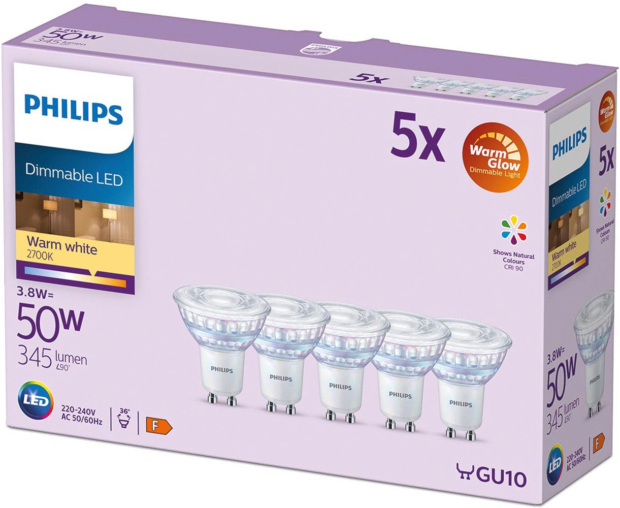 Philips LED-Leuchtmittel GU10 WarmGlow Lampe, 5er Pack, GU10, 5 St., Warmweiß, dimmbar (2200-2700K), schmaler Abstrahlwinkel, Glas