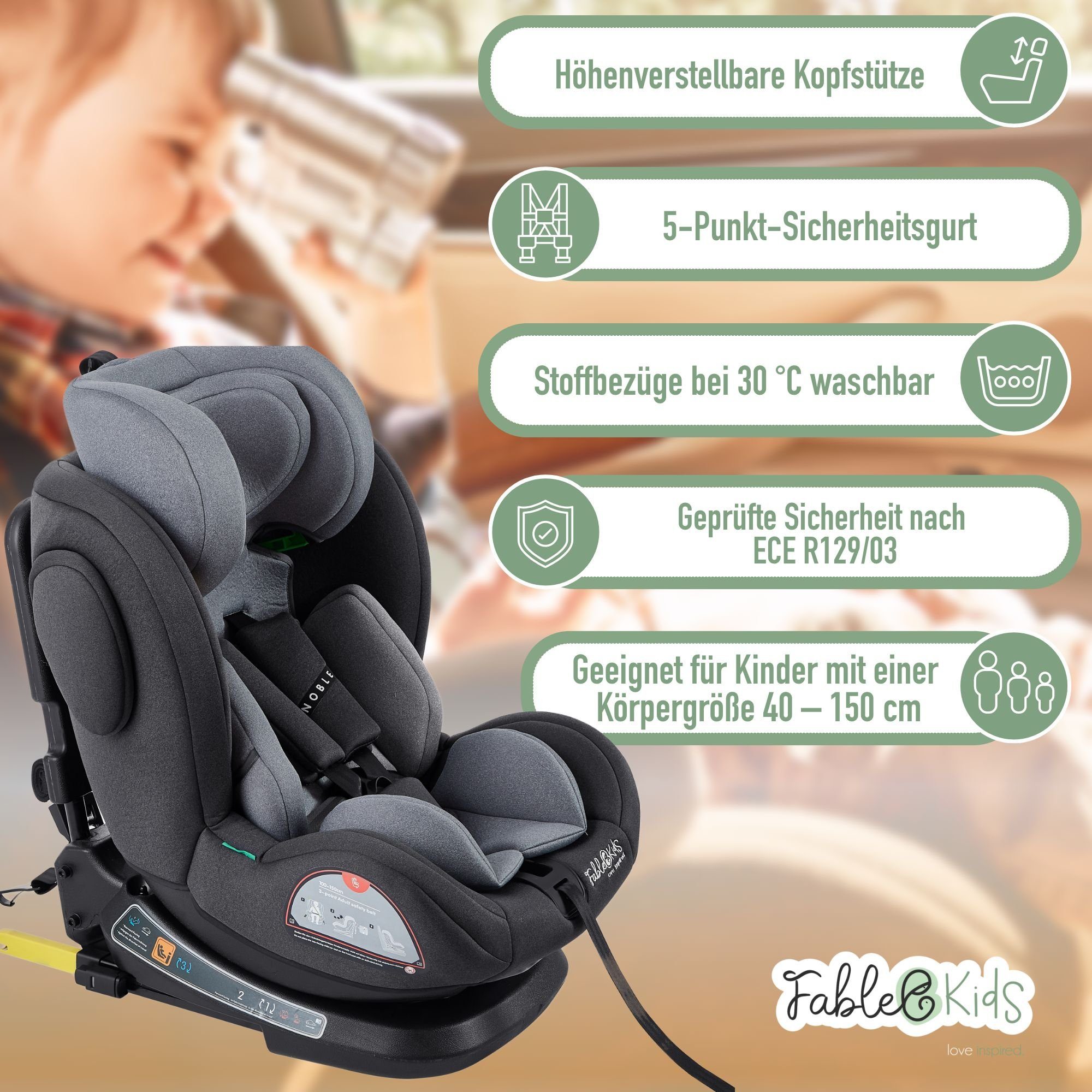 FableKids Autokindersitz Autositz Kinderautositz 360° drehbar Isofix 40 -150 cm ECE R129/03, ab: 0 Monate, bis: 5 Jahre, (Grau)