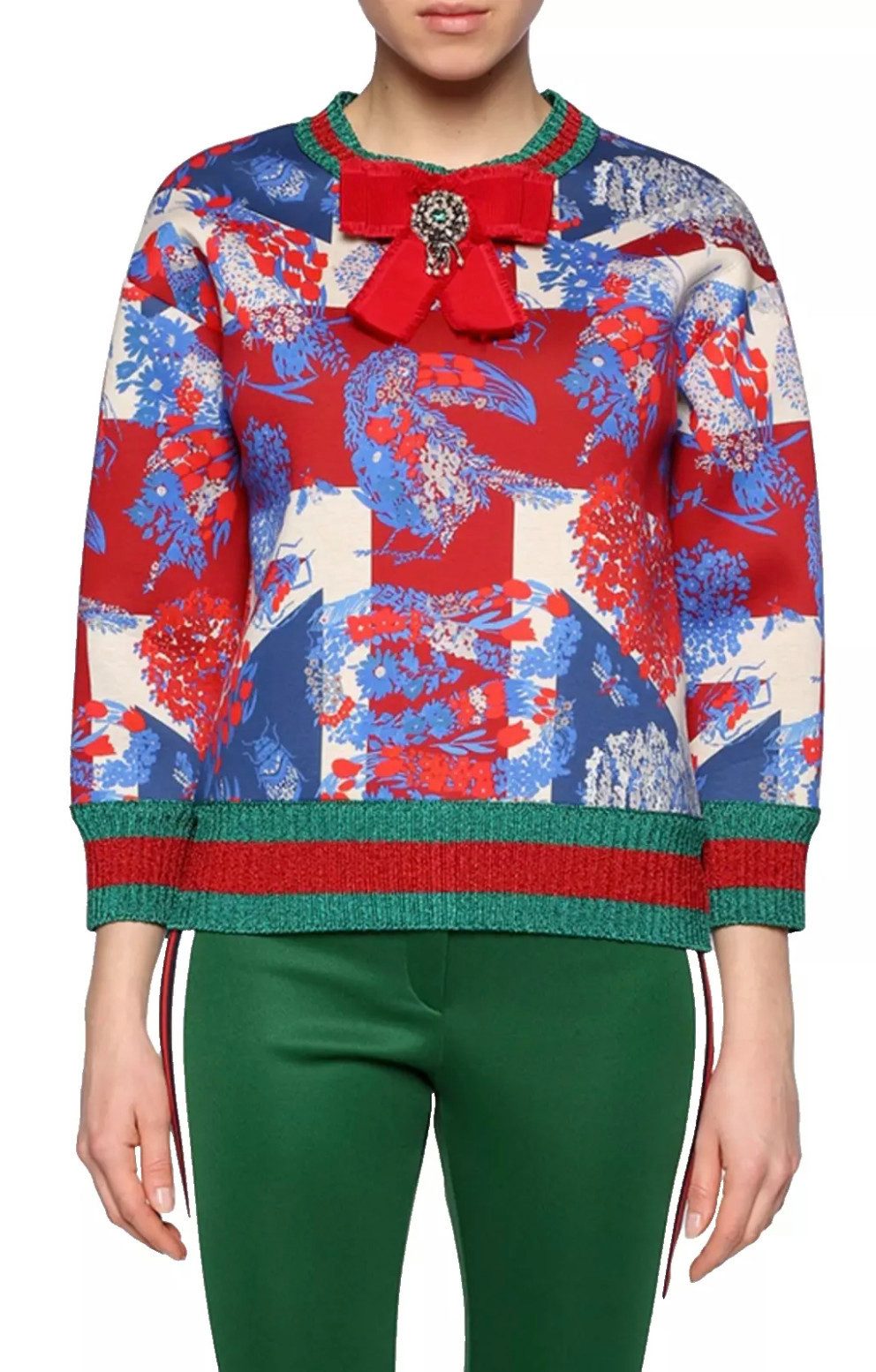 GUCCI Sweatshirt GG Web Stripes Crystal Bow Pullover Sweatshirt Lurex-Faden, Schleife mit Schmucksteinen und Glasperlen