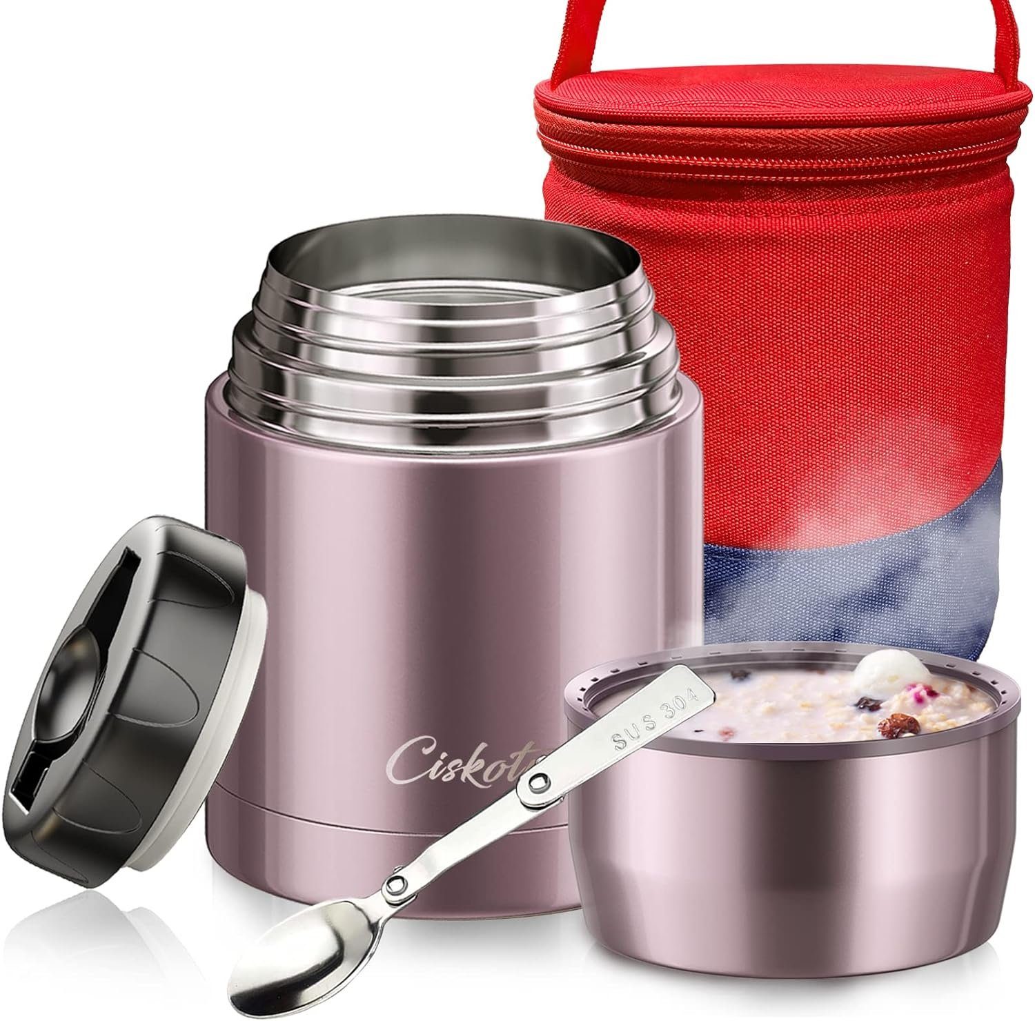 Ciskotu Lunchbox Thermo-Speisebehälter 800 ml, mit klappbarem Löffel, 9 Stunden heiß, 14 Stunden kalt Rose Gold