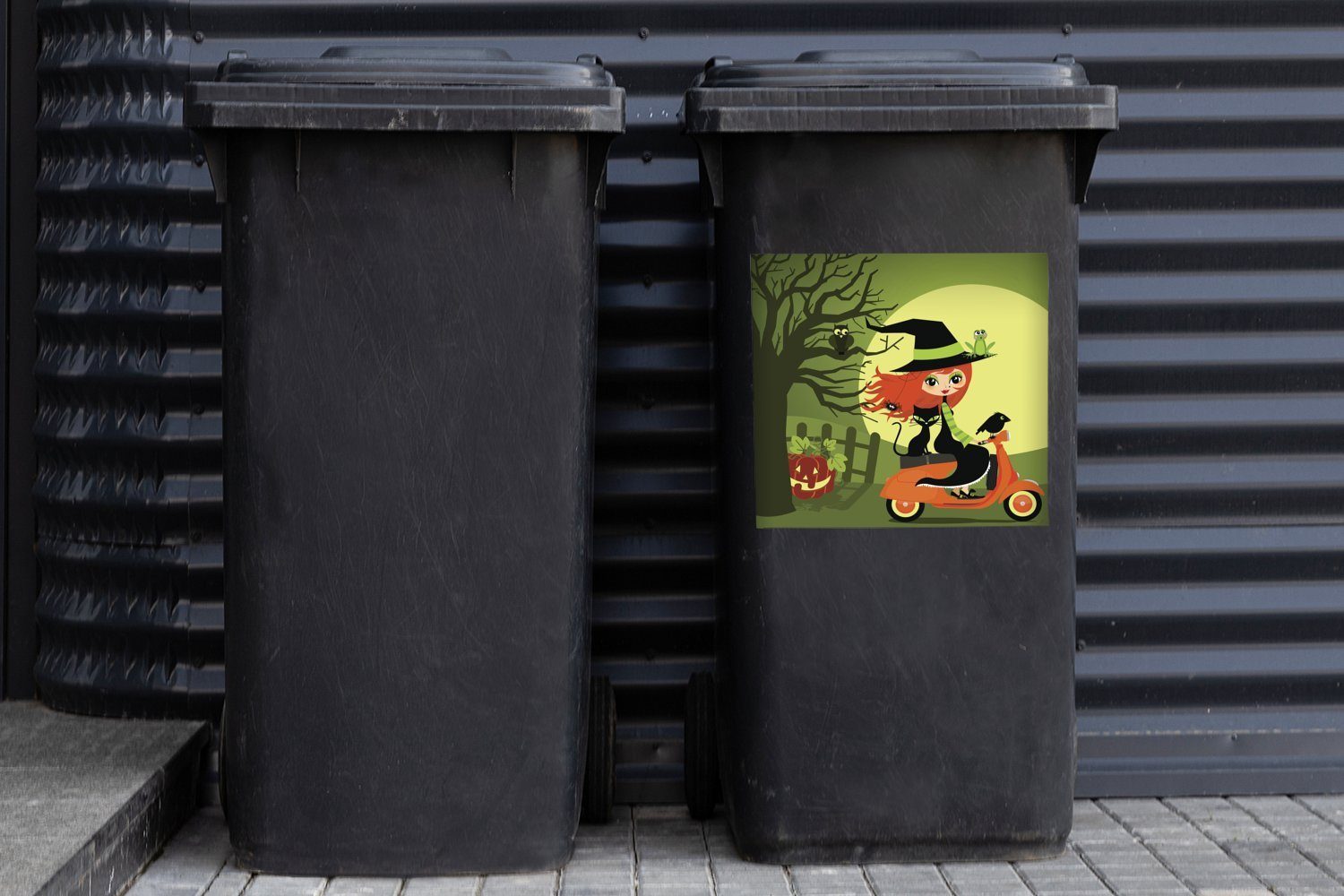Abfalbehälter auf Wandsticker MuchoWow Vespa einer Mülltonne, Illustration einer Mülleimer-aufkleber, St), Container, (1 Hexe Sticker,