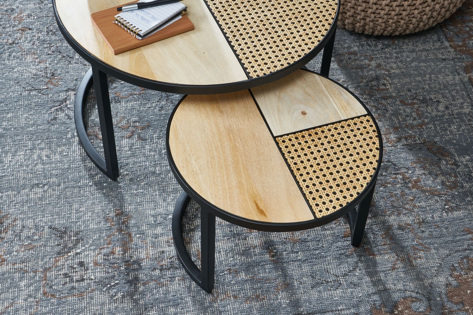 2er Metallbeine, / / Wohnzimmertisch / 2-teilig Set Design Couchtisch Mango Mango Rattan, Satztisch Design mit Wohnzimmertisch Metall Satztisch 2er möbelando Tischset Set Rund, Rattan Beistelltisch Holz