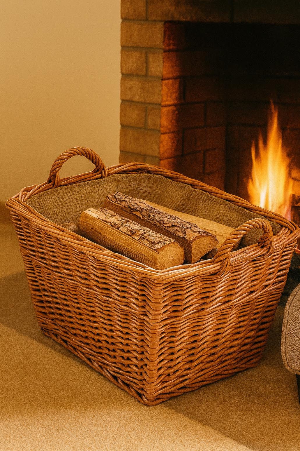 Kobolo Kaminholzkorb Holzkorb eckig gekochte Weide mit Leinenstoff ausgesch günstig online kaufen