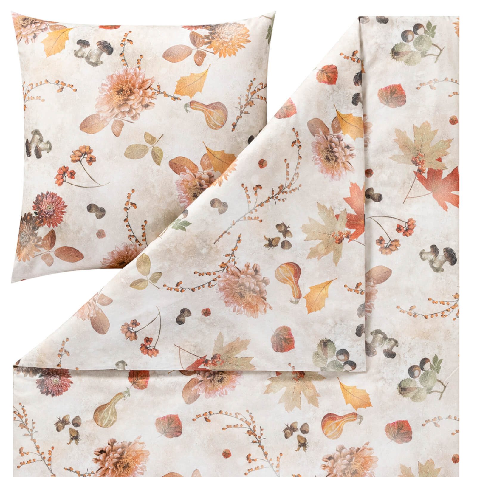 Estella Bettwäsche Autumn Foliage 4470 325, Flanell, 2 teilig, Kastanie, Pilze, Kürbis, Eicheln, Blätter