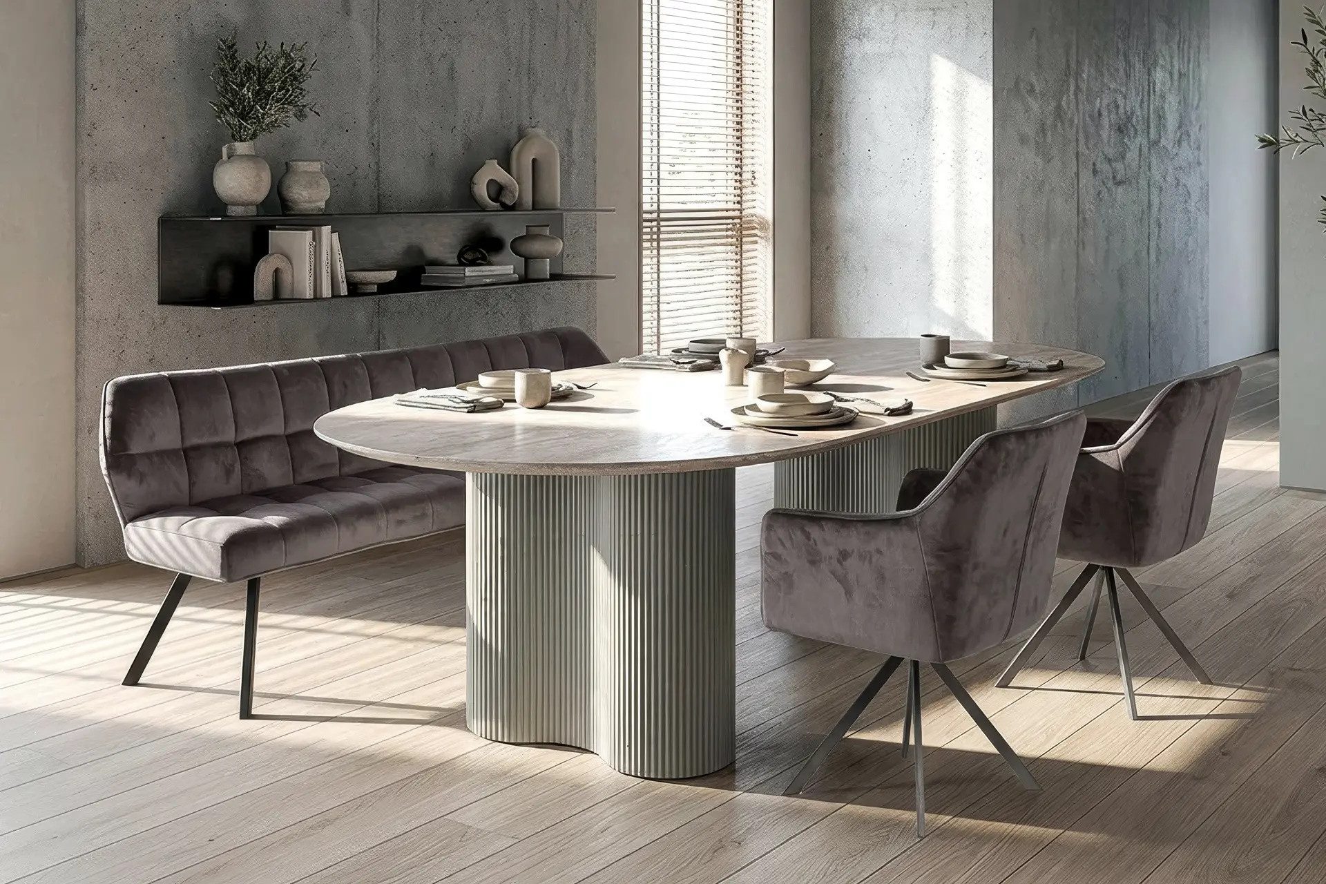 Vintagehaus Essgruppe Bari 180 Travertin Metall + 2 Stühle und Bank Raster
