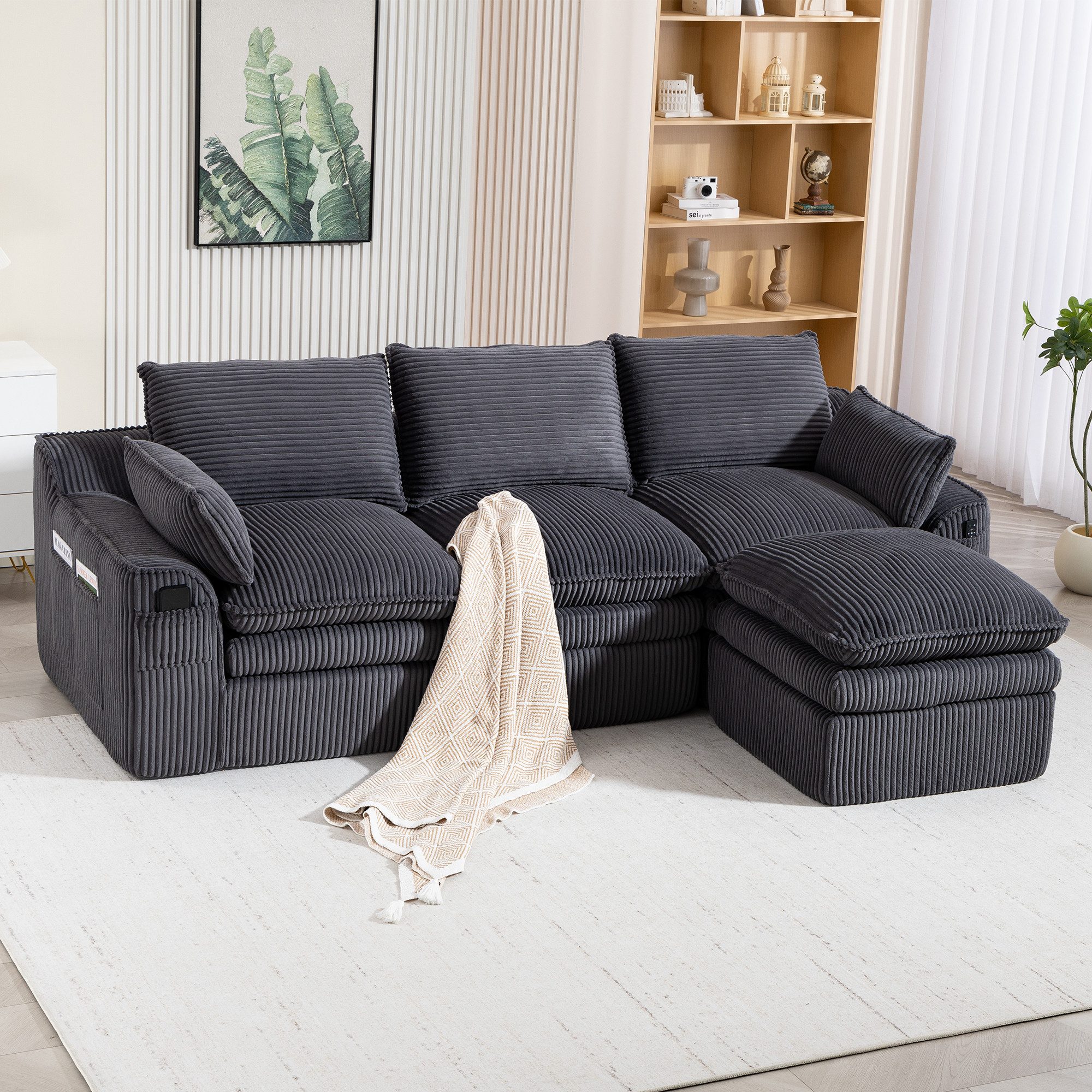 MODFU Sofa 3-Sitzer-Modulsofa aus Cord mit Hocker, inkl. Kissen und 2 Seitentaschen, 3-lagiger Schaumstoff plus Federkern, frei kombinierbar