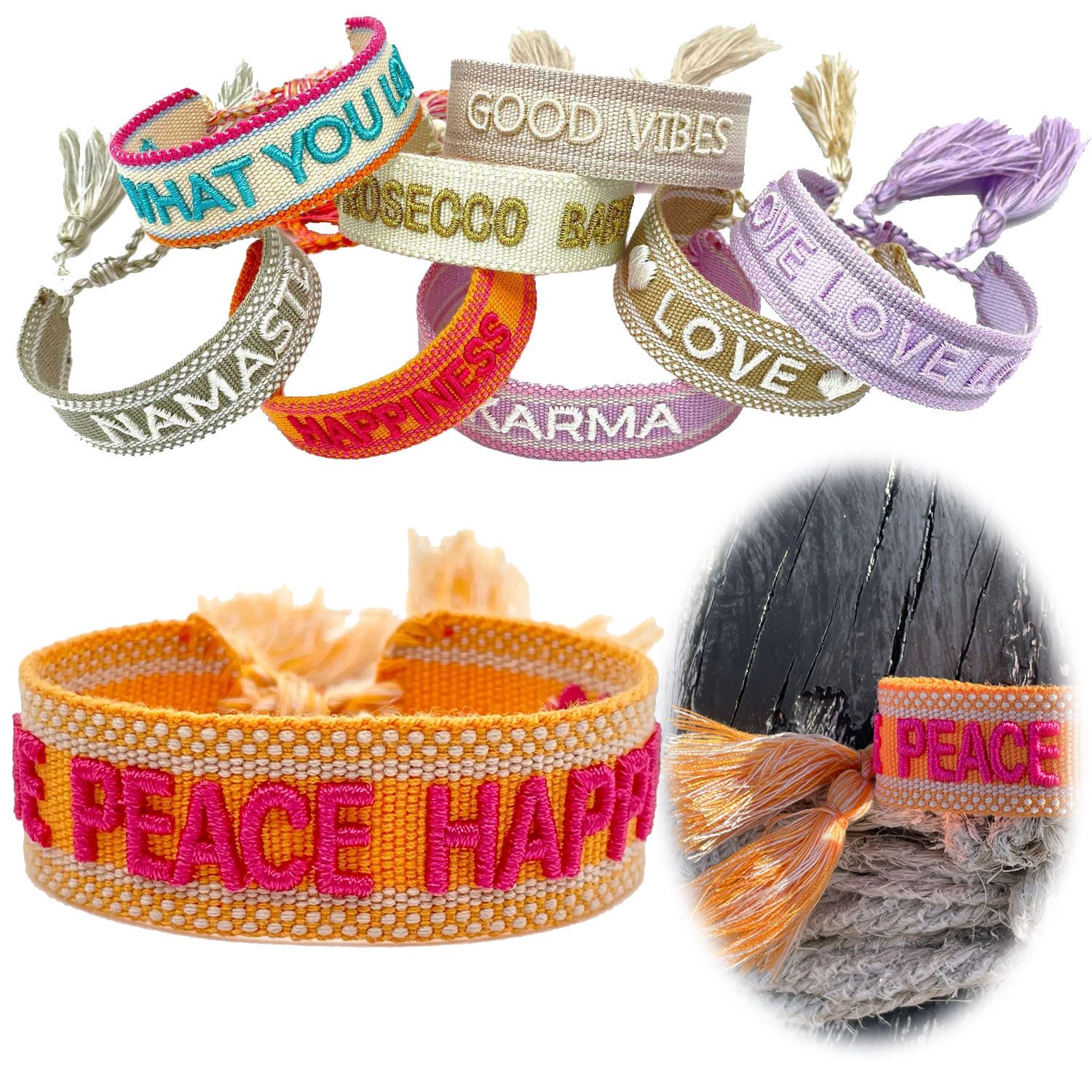LS-LebenStil Armband Canvas Statement Armband Love Peace Happiness Orange Quasten bestickt (Baumwollarmband Webarmband Armbandliebe Freundschaftsarmband Freundschaftsband Partnerarmband, 1-tlg., textil geflochten gewebt - hochwertiger gestickter Spruch),