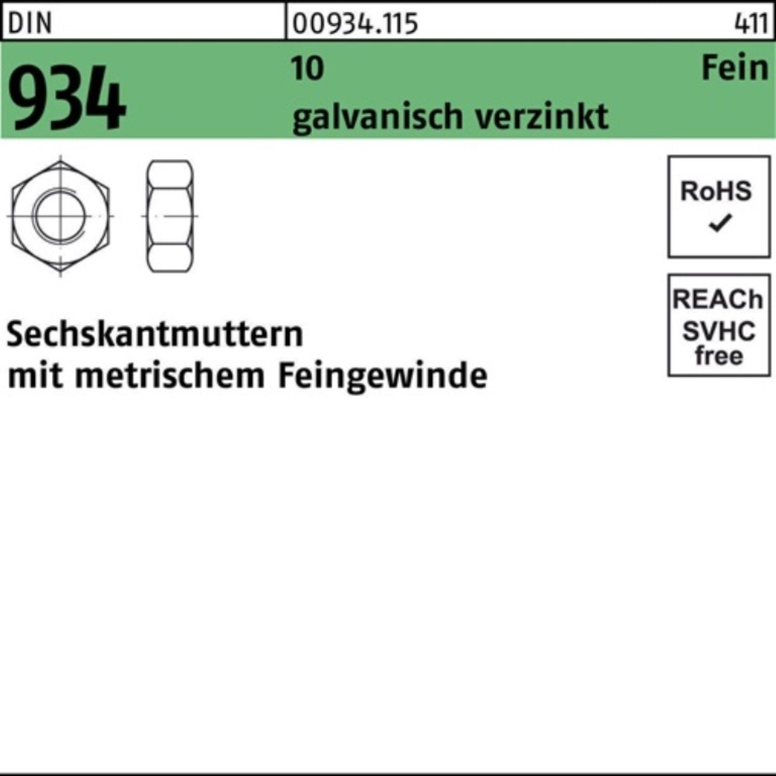 Muttern 1,5 100er Sechskantmutter D 100 galv.verz. 934 M16x Stück 10 Reyher Pack DIN