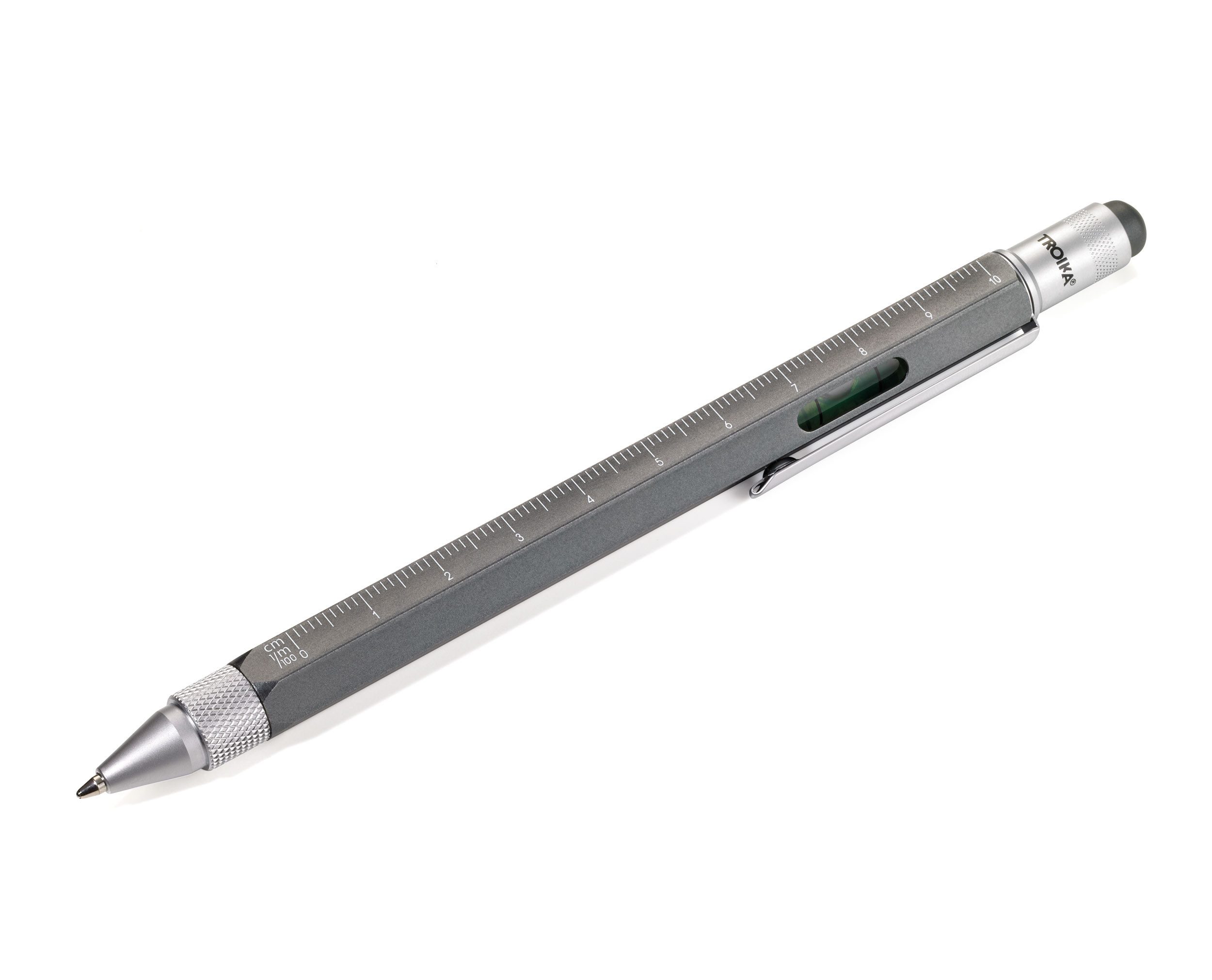 TROIKA Kugelschreiber CONSTRUCTION – 6-in-1 mit Wasserwaage, Schraubendreher & Lineal, (1-tlg., in verschiedenen Farben, schwarze Mine), Multifunktionsstift mit Stylus, Geschenk für Männer & Heimwerker