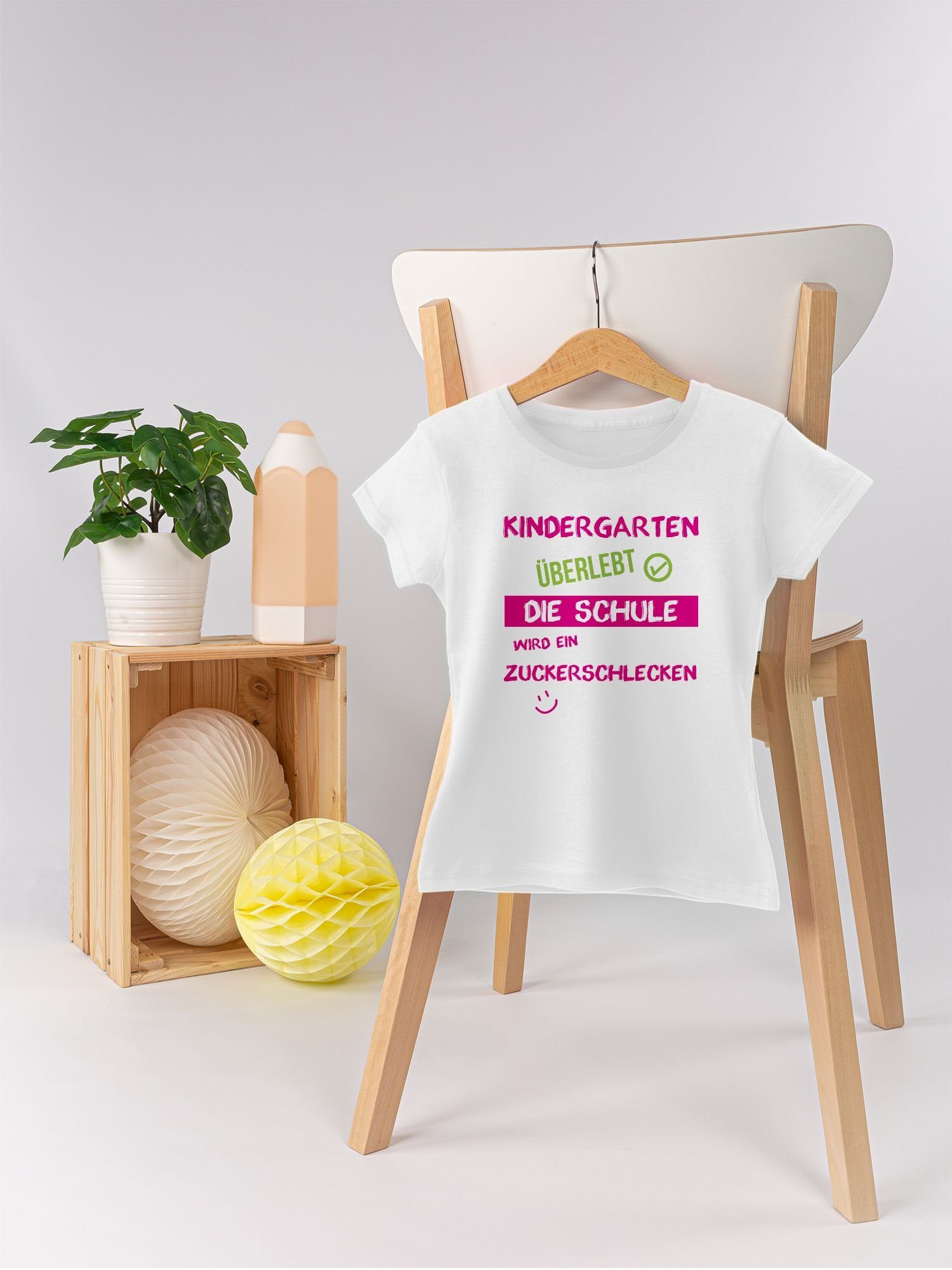 3 Shirtracer rosa Kindergarten Mädchen Emoticon T-Shirt Weiß überlebt Einschulung