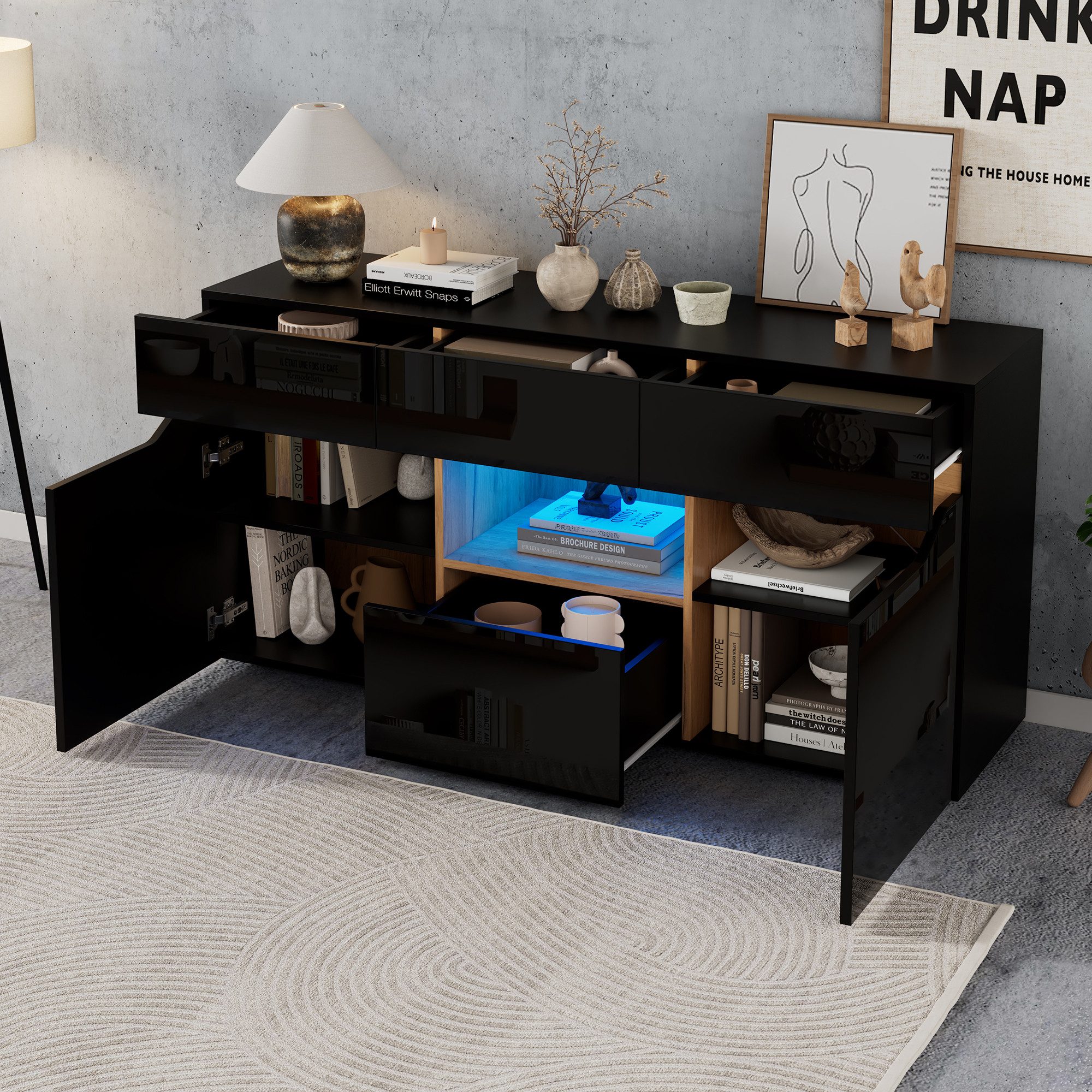 STILVORA Sideboard mit Schubladen Aufbewahrungsschrank mit zwei Fächern breite grifflose (Wohnzimmeranricht mit Vielfältige Aufbewahrung, 1 St., Hochglanz-Sofa-Schrank mit LED-Beleuchtung), vielseitig einsetzbar, Schwarz+Holzfarbe