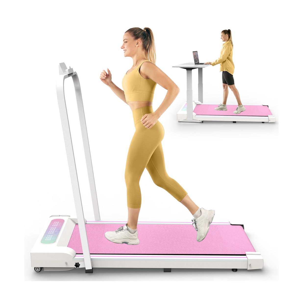 autolock Laufband Laufband Faltbares Mini Schreibtisch 2.5 PS Motor Laufbänder, bis 8km/h für Zuhause & Office Rosa