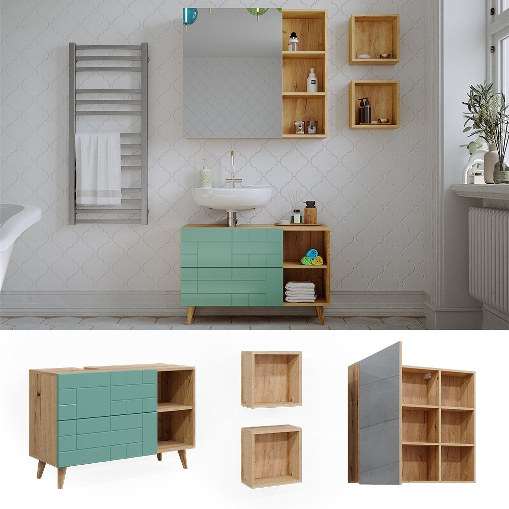Vicco Badmöbel-Set Rudi, Mintgrün/Eiche, 4 Teile, günstig online kaufen