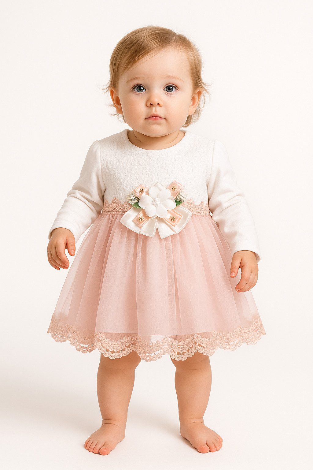 Lorey Medtec Taufkleid Prinzessin Kleid, Party Kleid, Spitze, 100% Baumwolle, Weiß/Rosé Spitze, Tüll