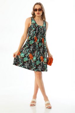 Bongual Sommerkleid Freizeitkleid A-Linie mit Falten und Palmenblätter Muster