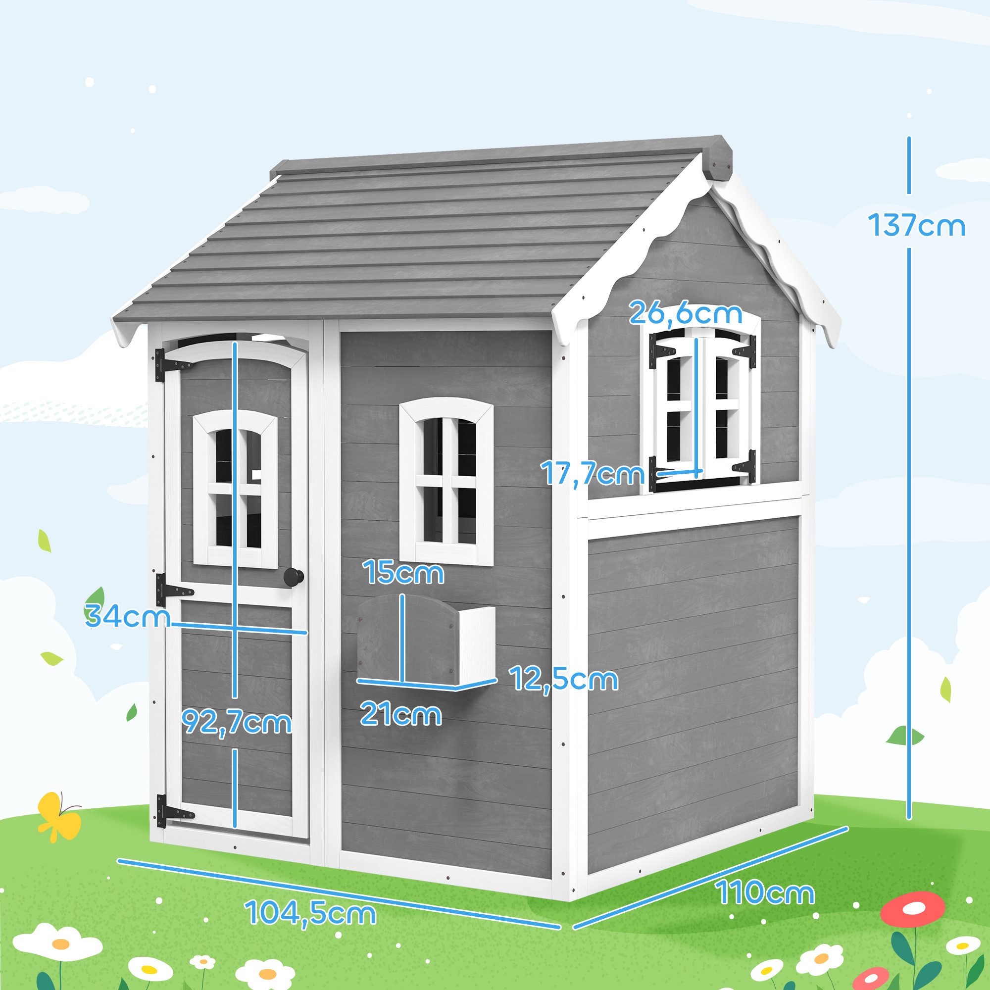 Outsunny Spielhaus Kinderspielhaus Holz mit Tür Fenster Pflanzkasten Gartenhaus, Kinderhaus für Kinder 3-8 Jahre