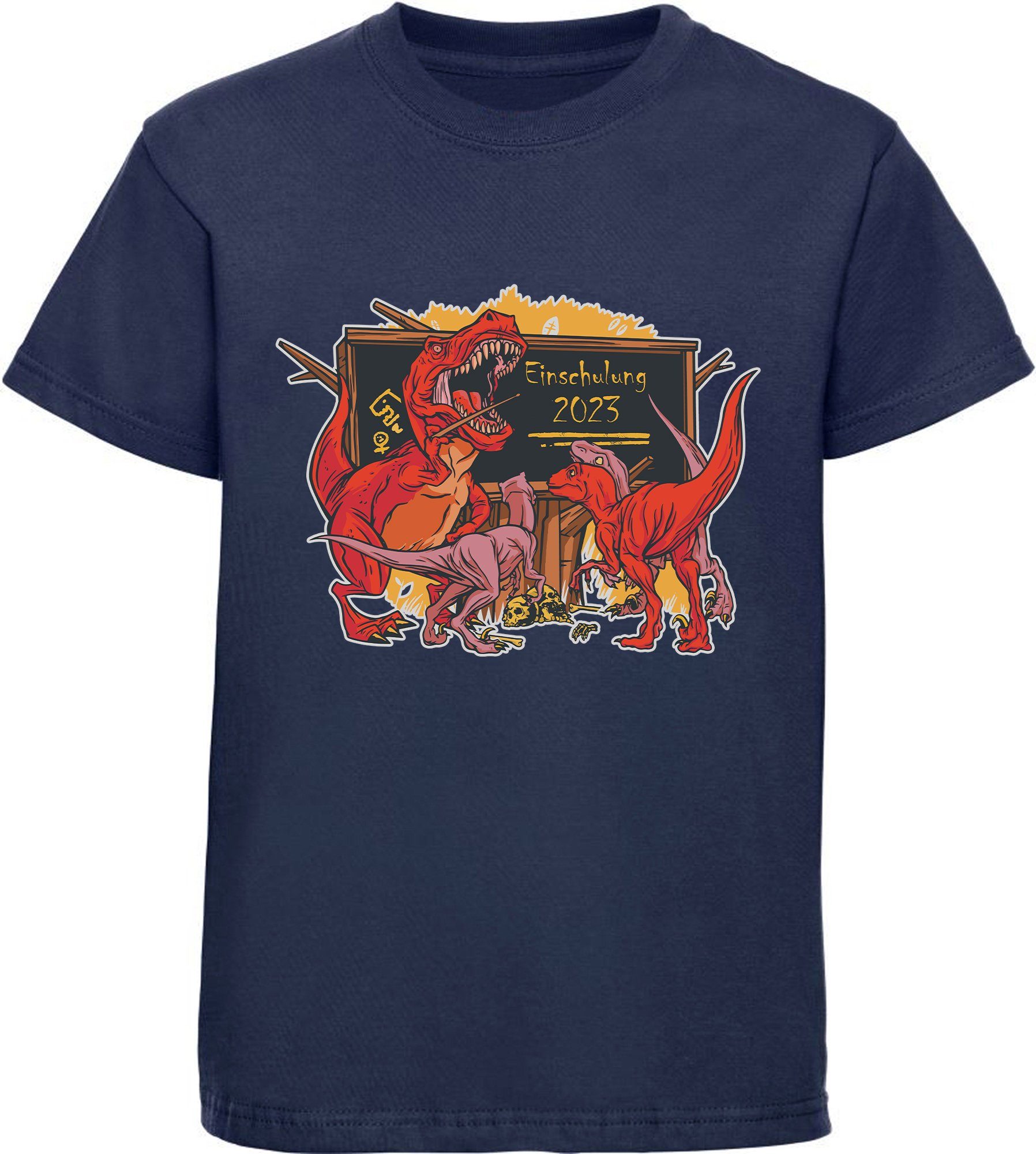 MyDesign24 Print-Shirt bedrucktes Kinder T-Shirt weiß, brüllender Lehrer T-Rex als schwarz, 2023, Baumwollshirt blau blau, navy Einschulung rot, i38