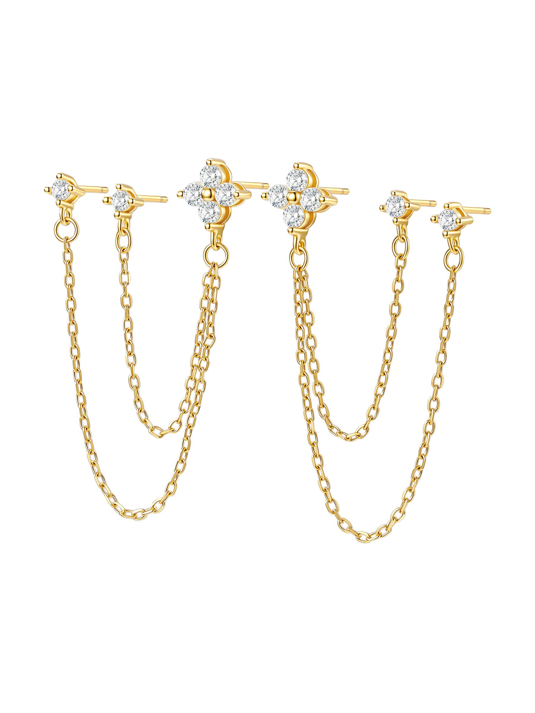 Hey Happiness Paar Ohrhänger 925 Sterling Silber, Triple Ohrstecker für 3 Ohrlöcher 18K vergoldet, Gänseblümchen 3-fach Ohrringe mit Zirkonia, Geschenkidee für Frauen