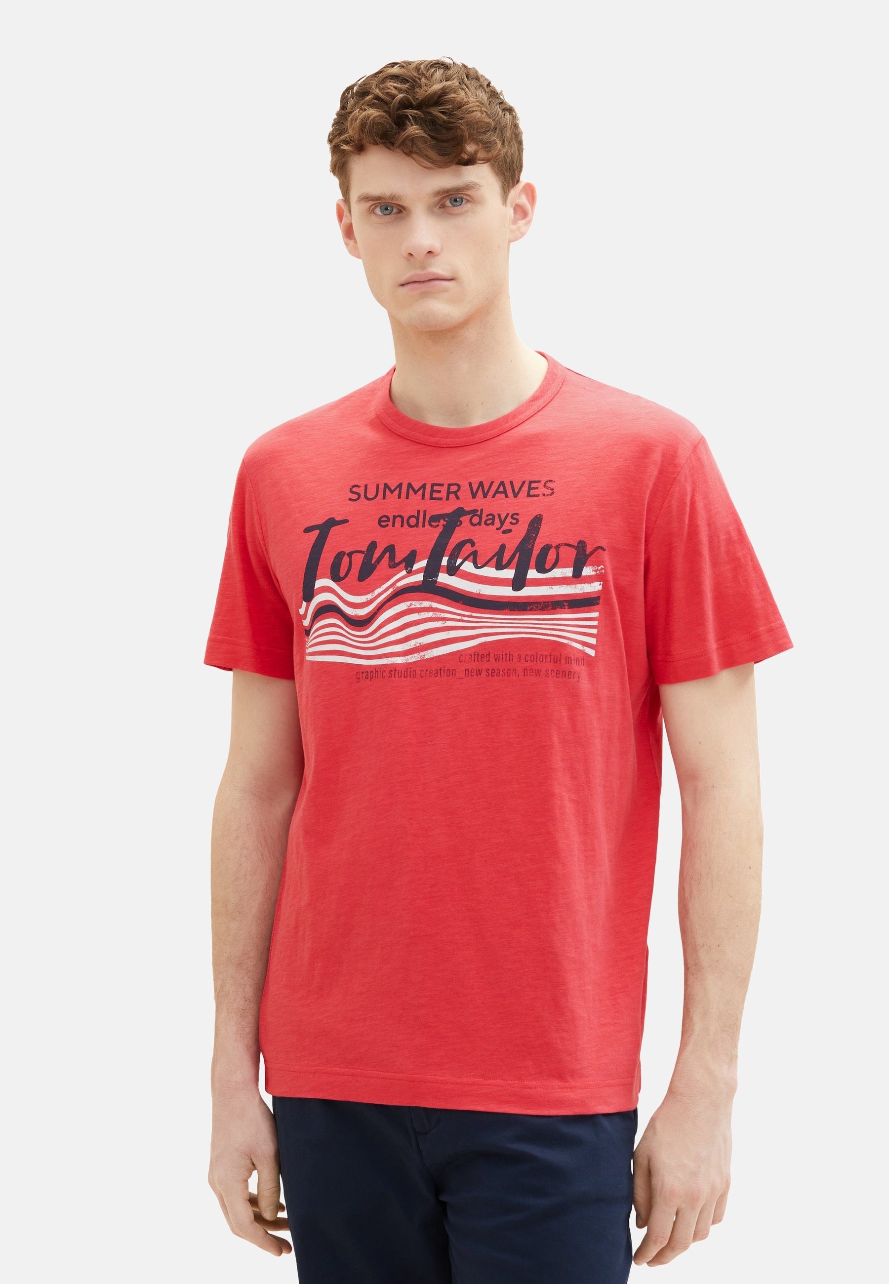 TOM TAILOR mit Tom T-Shirt Kurzarmshirt T-Shirt rot (1-tlg) Tailor Frontprint