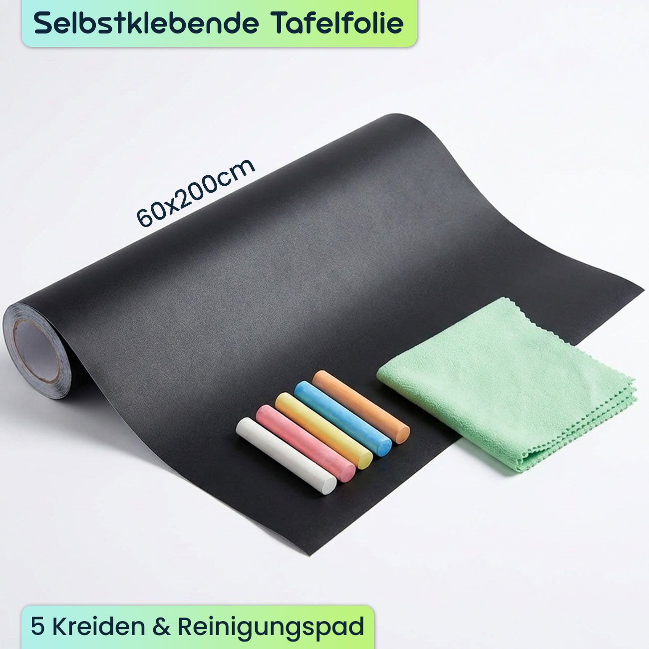shop'n smile ideoon Tafelfolie Selbstklebende Tafelfolie 60x200 cm, Wand-Kreidetafel inkl. 5 Kreiden, Wandfolie als Kreidetafel Memoboard für Küche/frei zuschneidbar