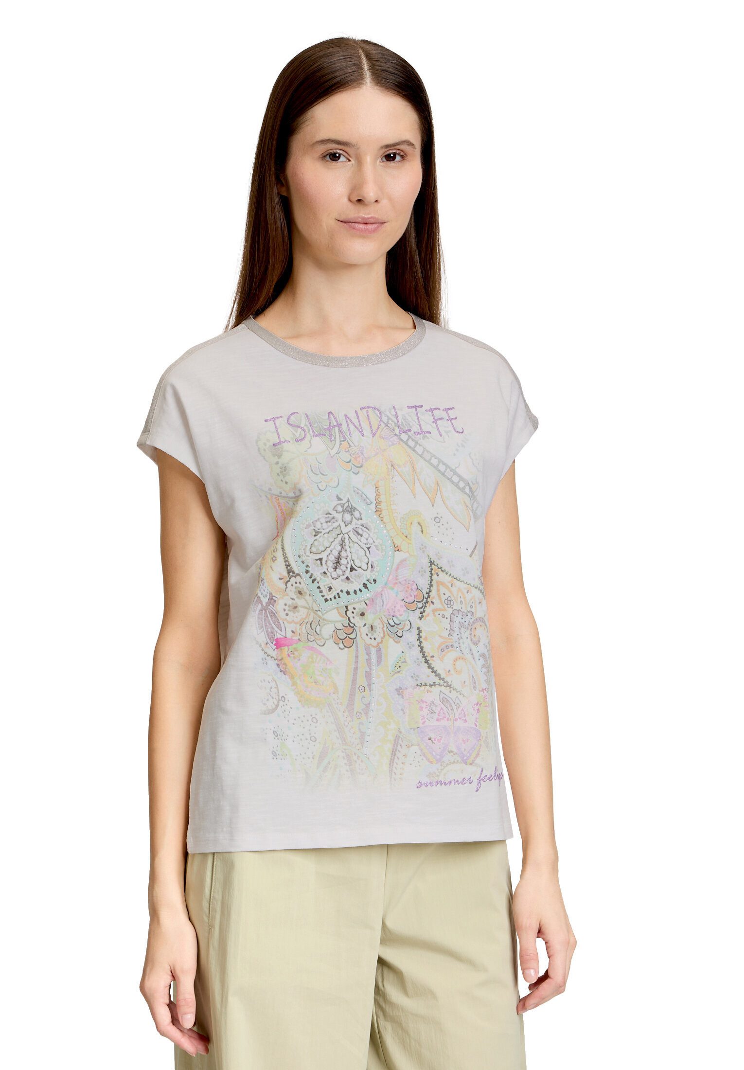 Cartoon Kurzarmshirt Damen mit Placement (1-tlg) Aufgesteppte Bänder