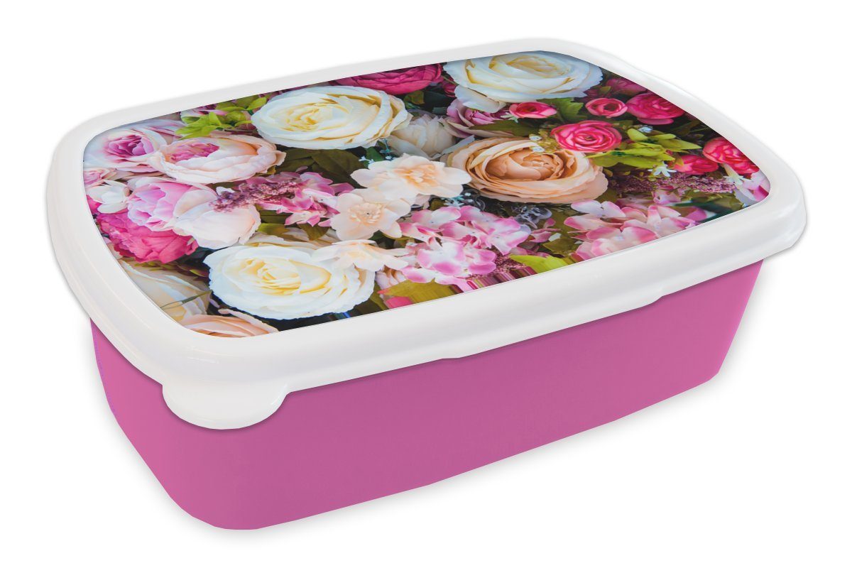 MuchoWow Lunchbox Rosen - Weiß - Rosa, Kunststoff, (2-tlg), Brotbox für Erwachsene, Brotdose Kinder, Snackbox, Mädchen, Kunststoff