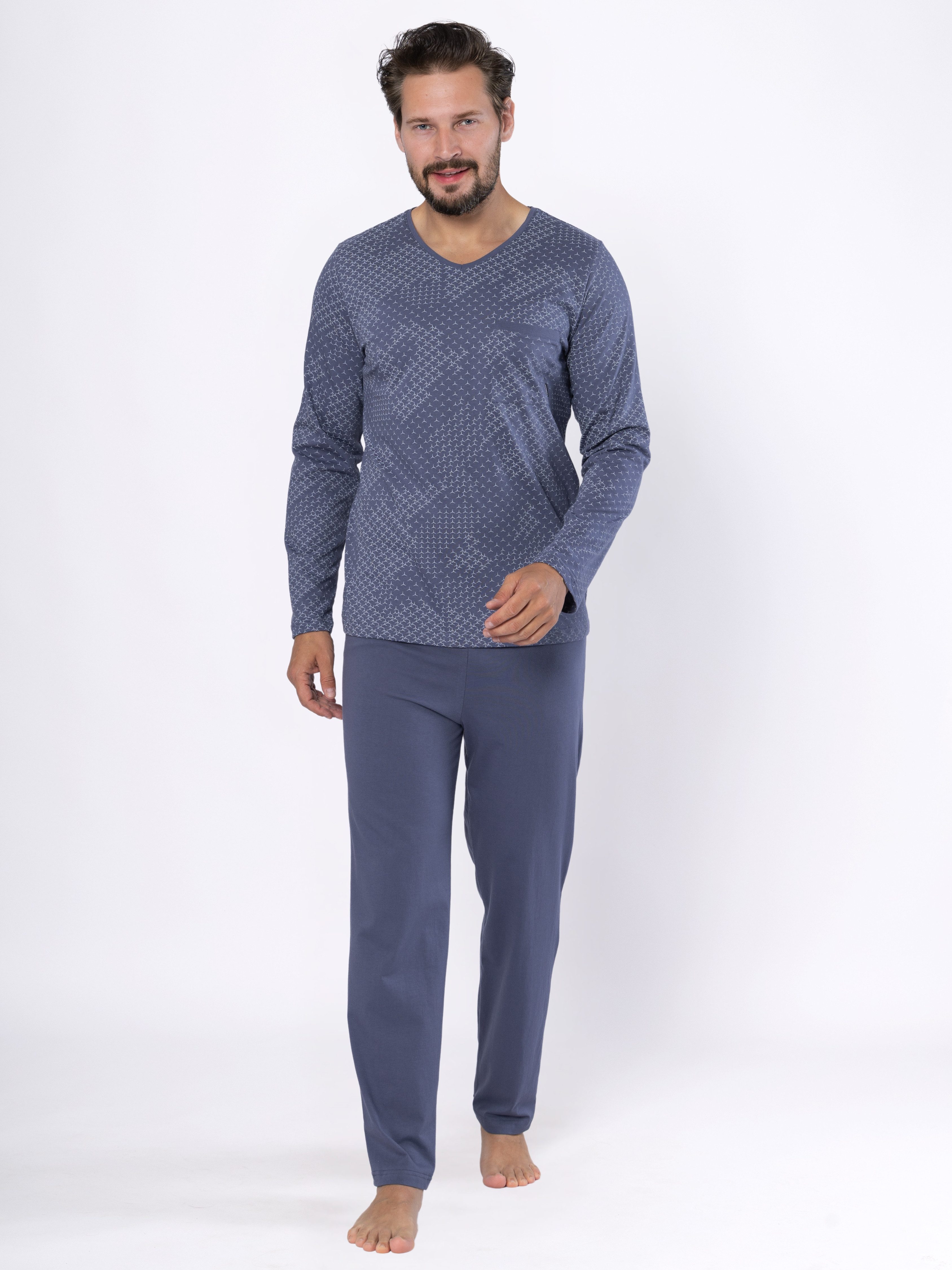 HOTBERG Pyjama Schlafanzug-Set Herren lang Baumwolle (2 tlg) moderner Pyjama in Blau-Grau mit V-Ausschnitt
