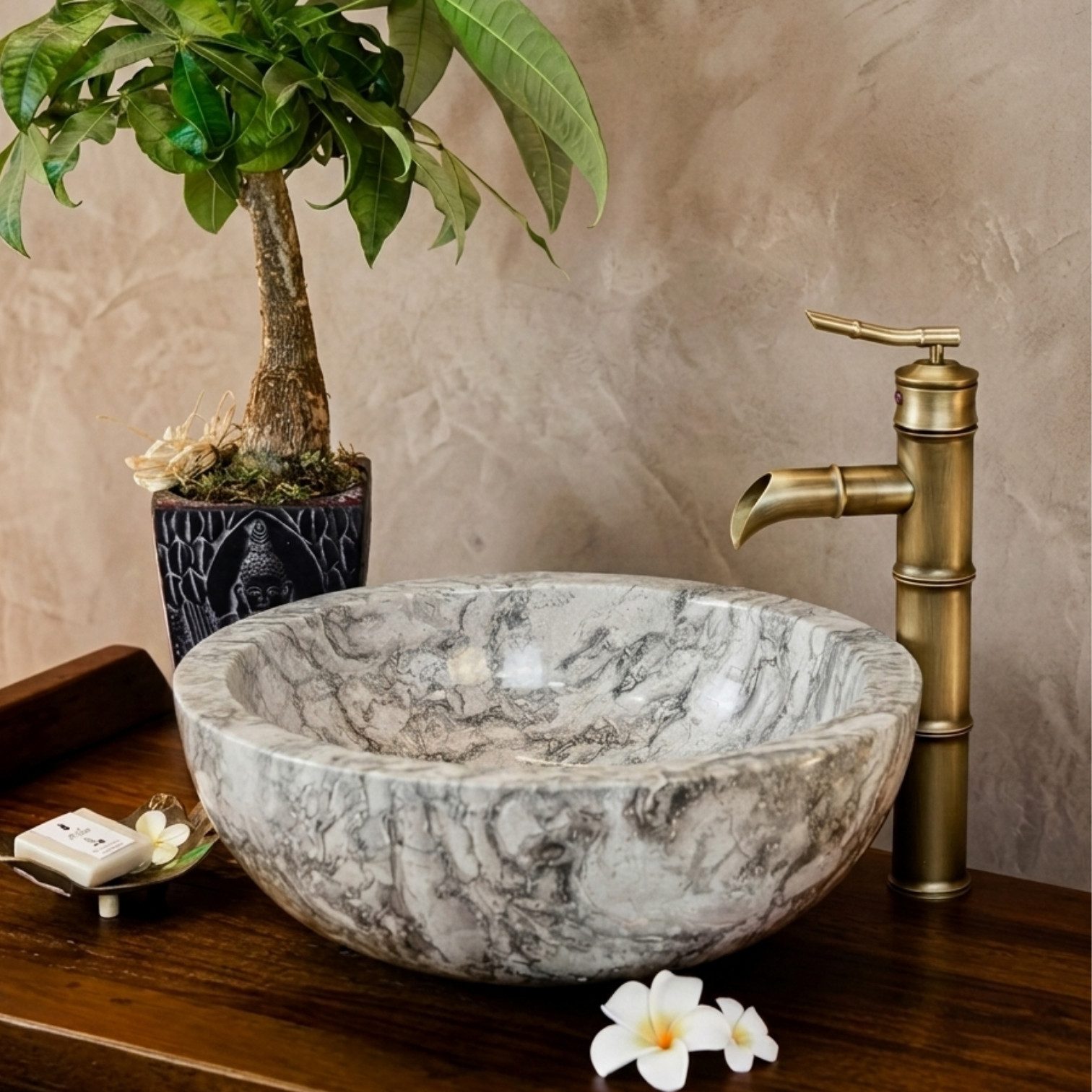 Kinaree Aufsatzwaschbecken Waschbecken Marmor grau 30 oder 40 cm handgefertigt in Indonesien, Naturstein, Marmor, Rund, leichte Reinigung, Naturprodukt