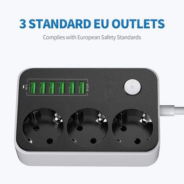 BlingBin Steckdosenleiste mit 3 fach 6 USB-Anschluss Steckdose 2500W Steckdosenleiste (USB-Anschlüsse, Kabellänge 1.6 m), Mehrfachsteckdose 3-fach Steckerleiste 6USB