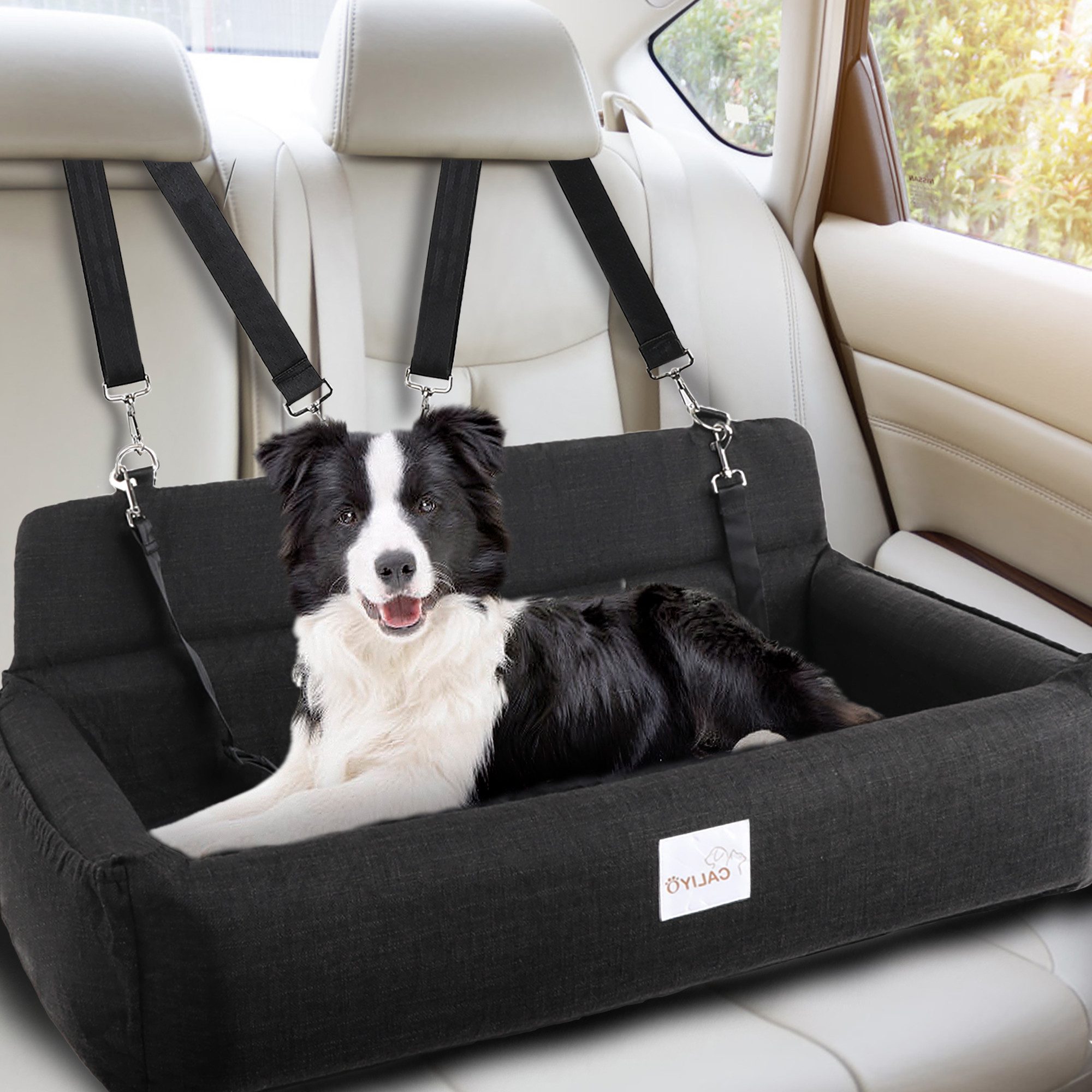 CALIYO Hunde-Autositz Hundeautositz für große/mittlere Hunde, Hochdichter und elastischer Schwamm, Imitat-Leinenstoff, Vollständig Abnehmbarer & waschbarer Hundereisesitz mit dickem Kissen
