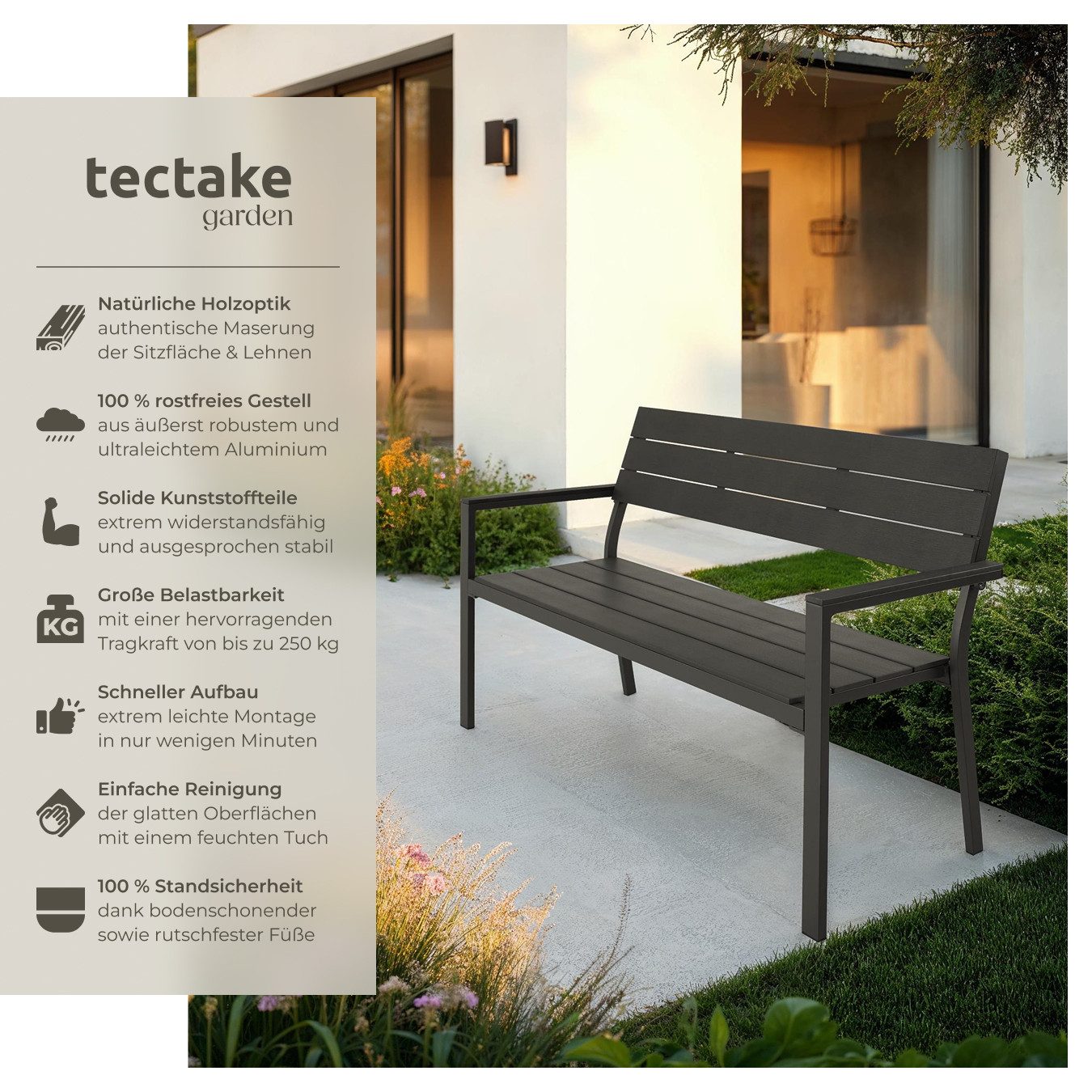 tectake Gartenbank Sitzbank Line 2-Sitzer mit Aluminiumrahmen 128x59x88cm, günstig online kaufen