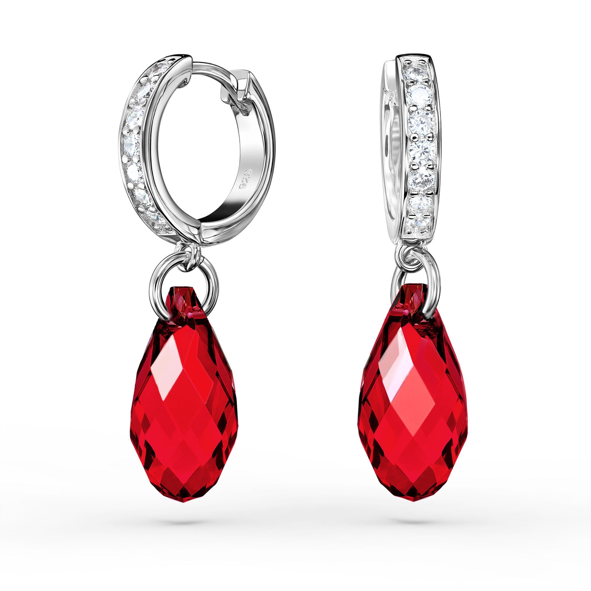 Schöner-SD Paar Ohrhänger Creolen Tropfen-Kristall 17mm Hängeohrringe Damen 925 Silber Rhodium, mit Markenkristall Scarlet Rot