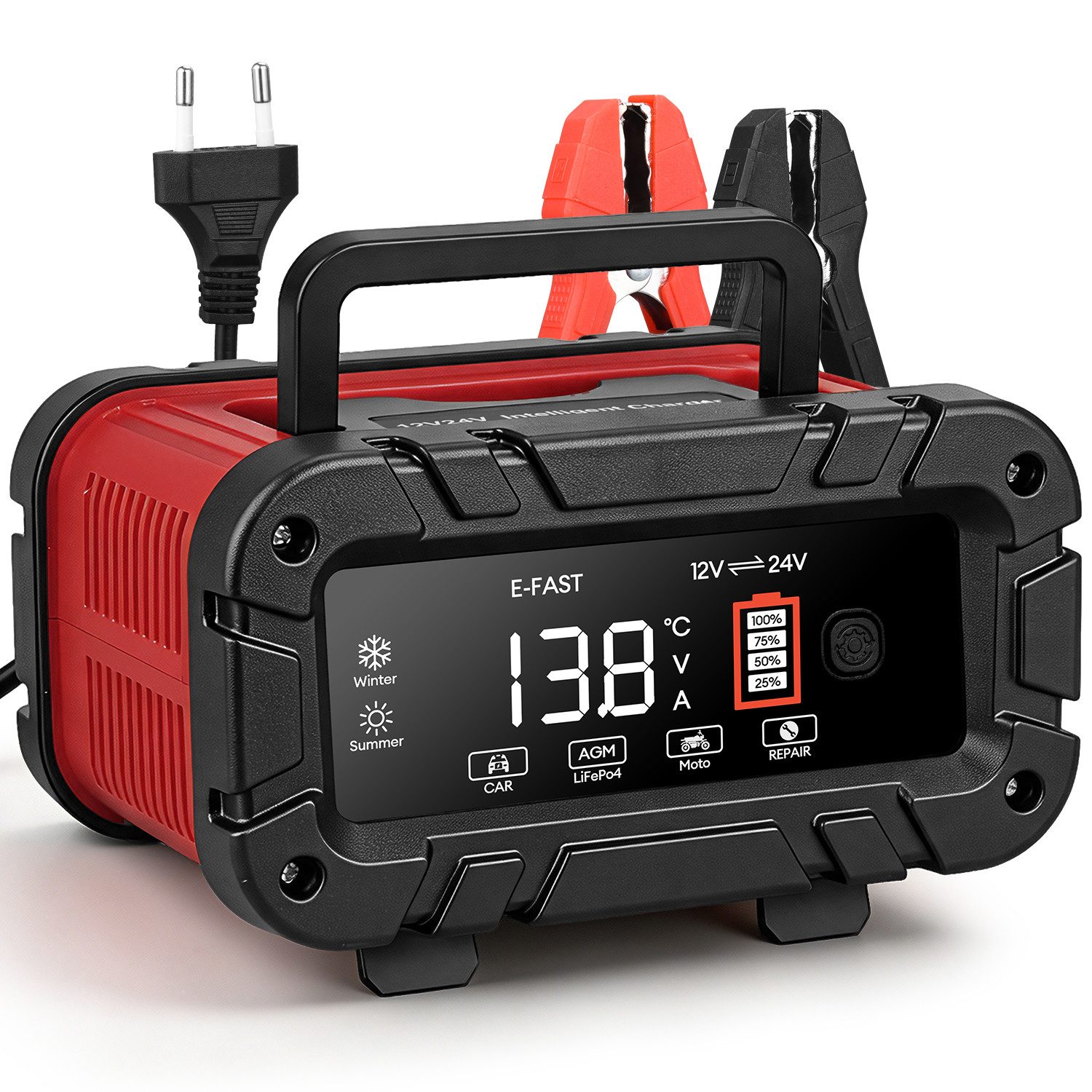 HS Onsing 15A, Intelligentes Batterieladegerät 12V/24V Autobatterie-Ladegerät (Farbdisplay,7-Stufige Ladung & Reparaturmodus, für Auto, …
