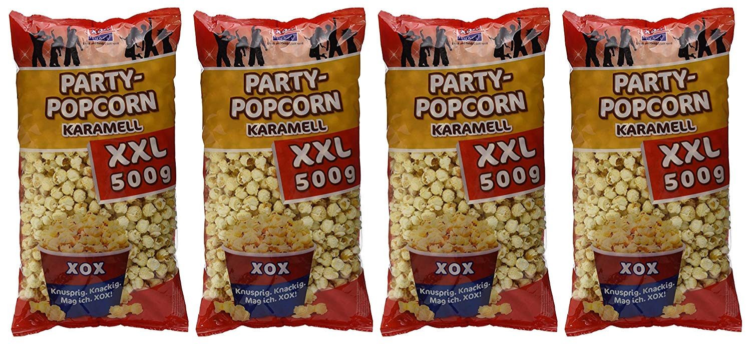 XOX Knabberei, XOX Party Popcorn Karamell XXL vegan knusprig knackig frisch 500g