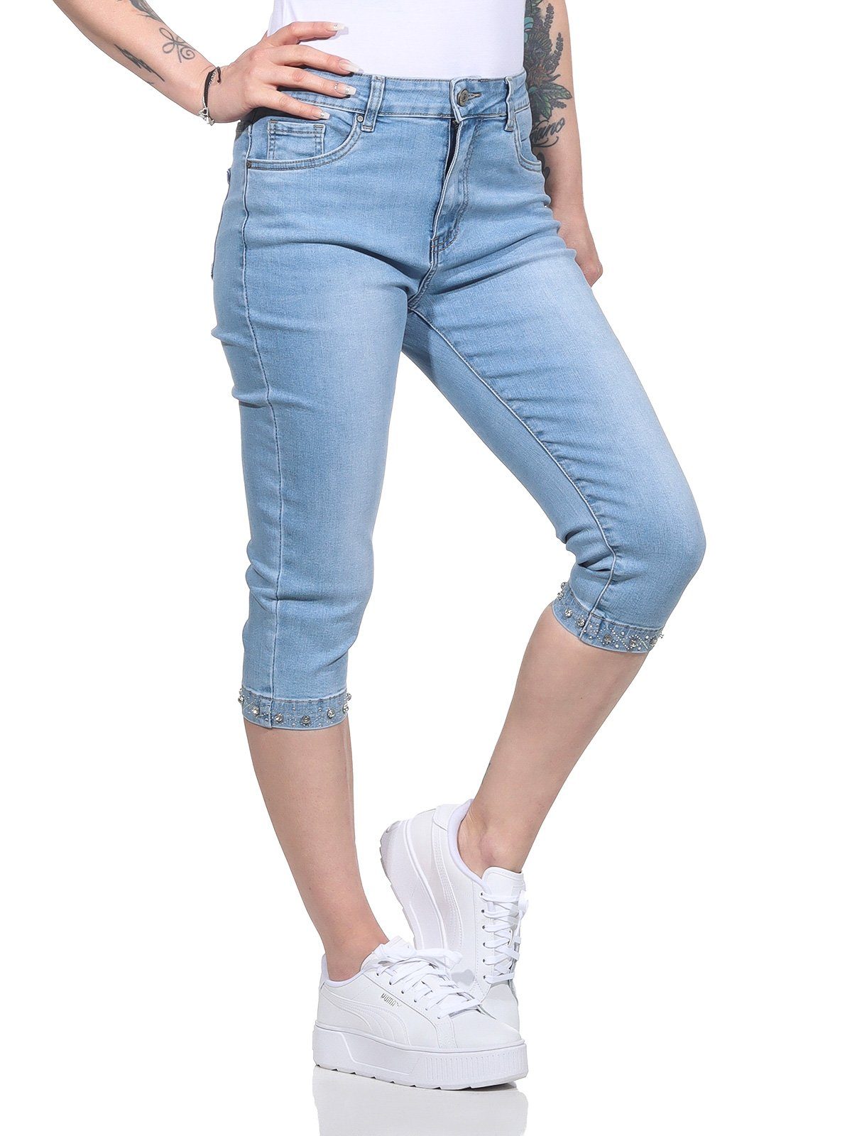 Aurela Damenmode Jeansbermudas Jeans kurze Sommer mit Caprihosen Damen Stretchanteil, Jeanshosen Bermuda 5-Pocket-Style