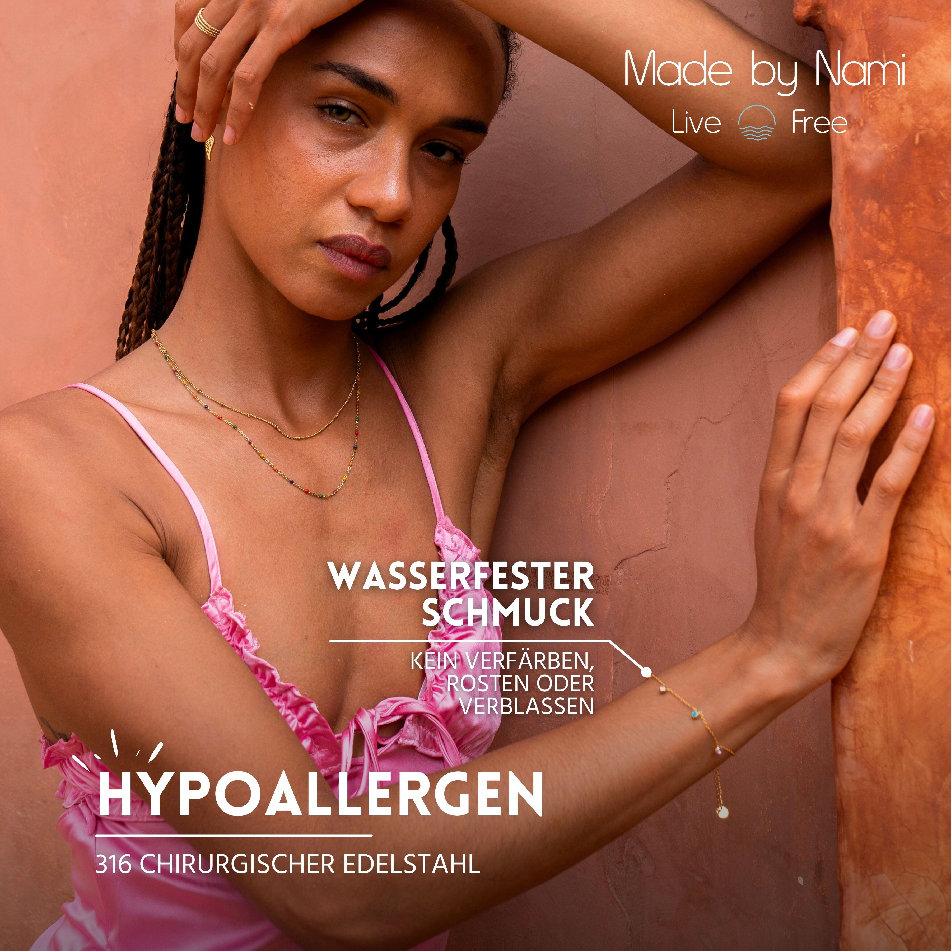 Made by Nami Edelstahlarmband Boho Damen Gold mit bunten Edelstein Anhänger günstig online kaufen