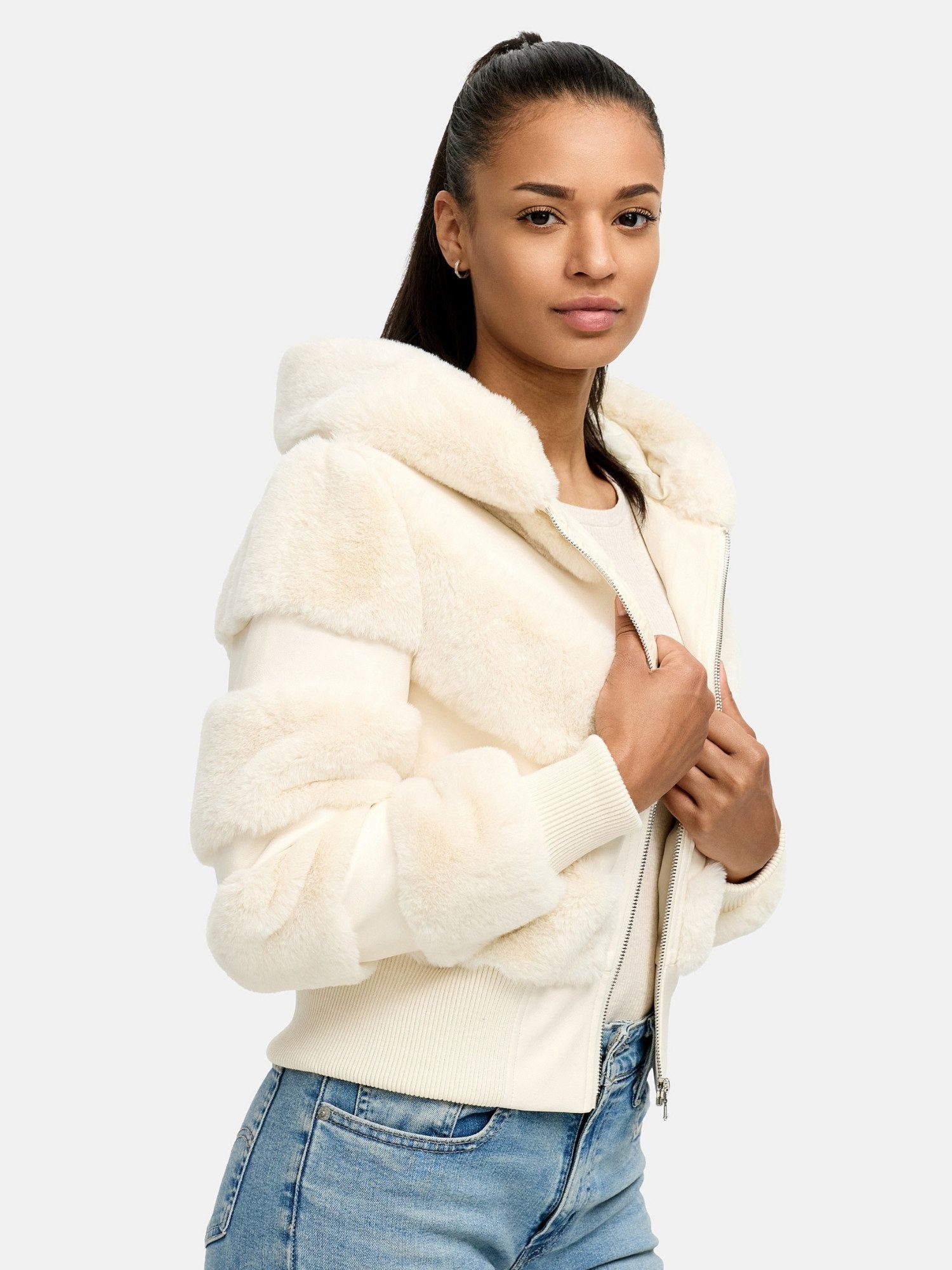 Tazzio Winterjacke F803 mit Kapuze, im Bomber-Style & Fell-Streifen-Look