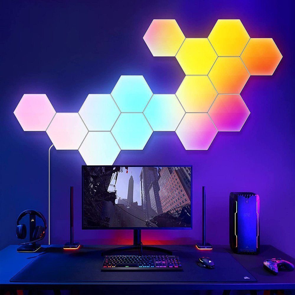 Jioson LED Dekolicht LED Wandleuchte Hexagon Licht,Farbwechsel Sechseck Wand, Tageslicht, 3 sechseckige Lampen, LED fest integriert, bunt, Gaming-Umgebungslicht Intelligentes Wabenlicht Phantom Farbe, Bluetooth