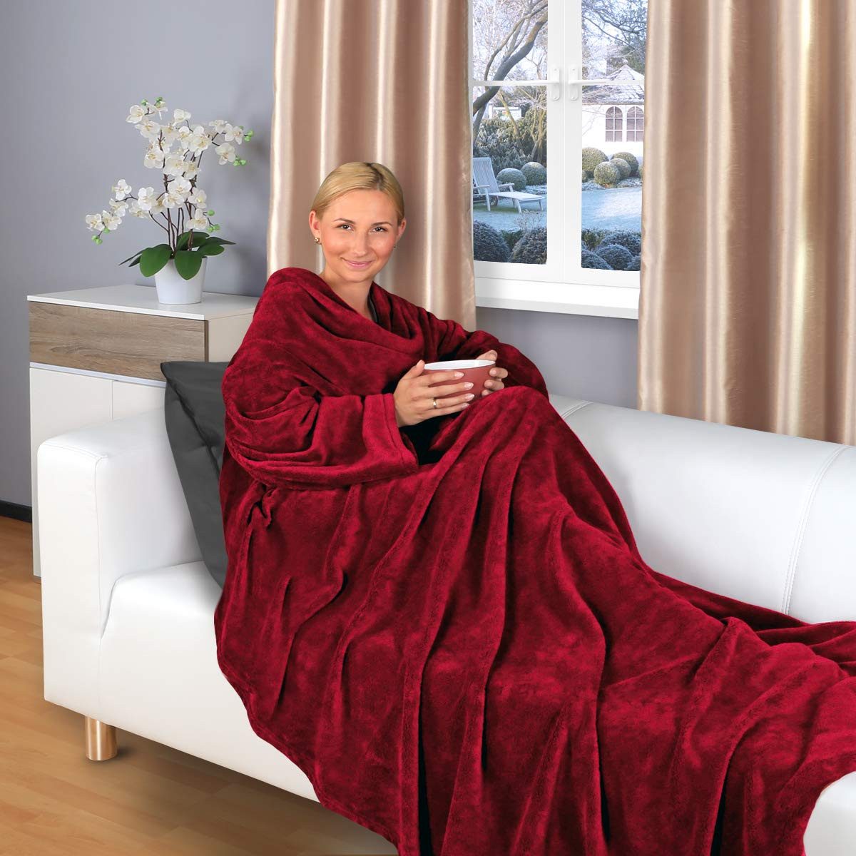 Wohndecke flauschige, tragbare Kuscheldecke mit Ärmeln und Fußtasche 180x15 günstig online kaufen