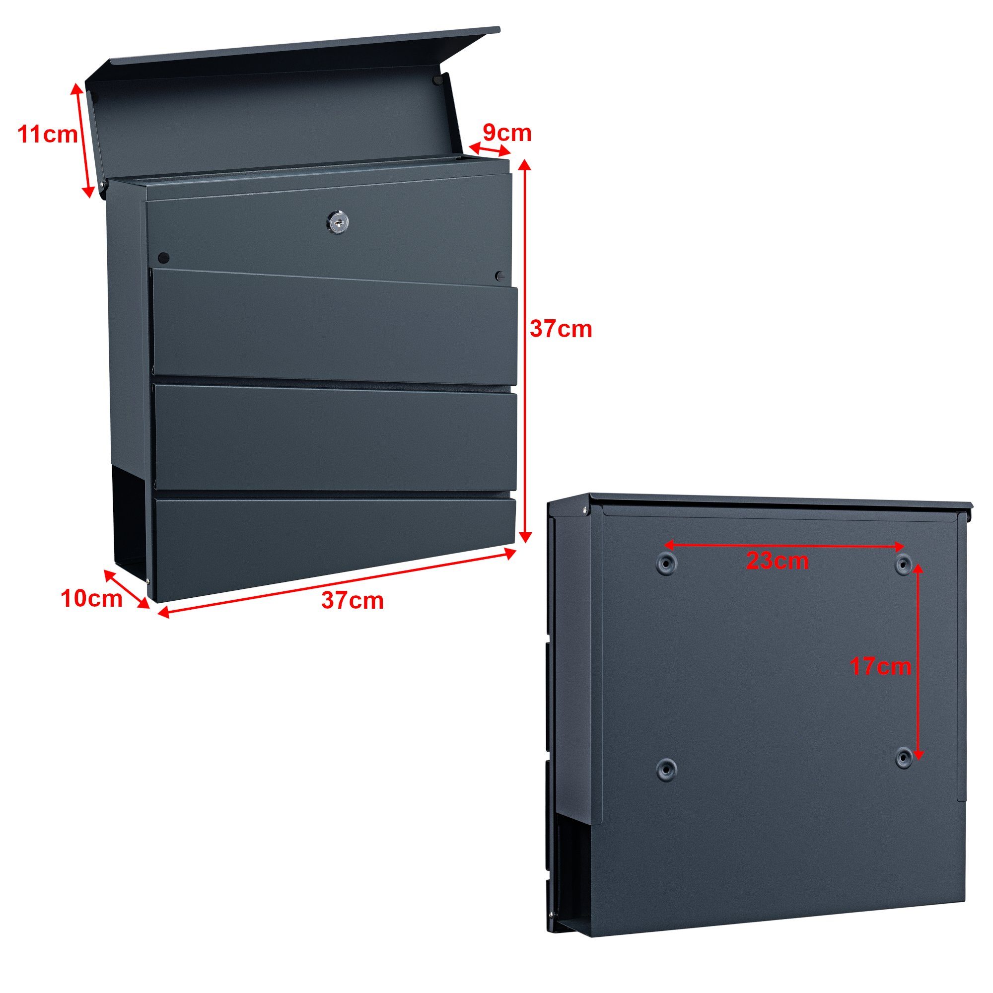 en.casa Wandbriefkasten, »Achtrup« Postkasten mit 2 Schlüsseln Zeitungsfach Anthrazit