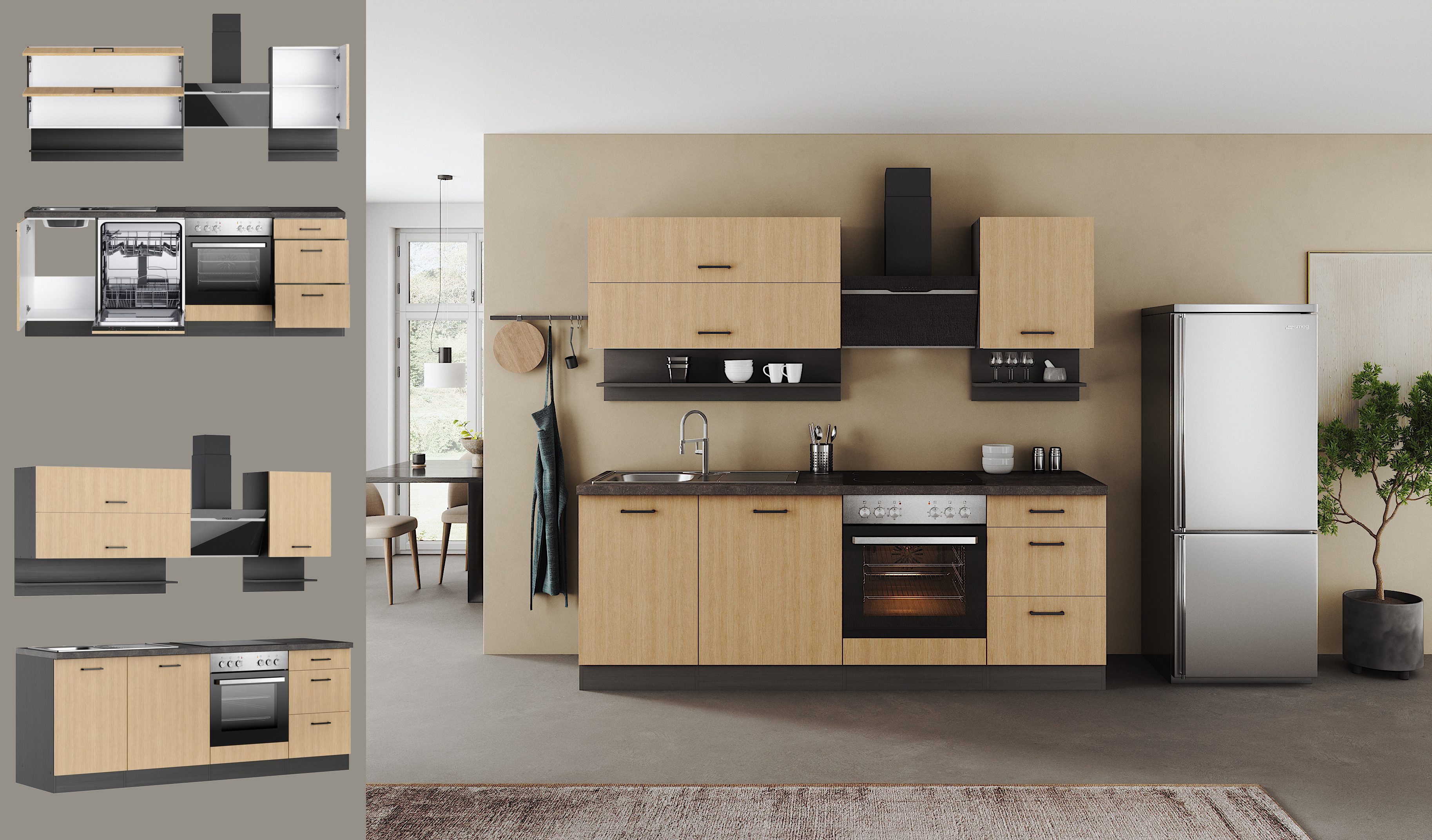 KOCHSTATION Küchenzeile KS-Frieda Breite 220 cm, wahlweise mit E-Geräten, mit 38mm starker Arbeitsplatte – Bild 4 von 5